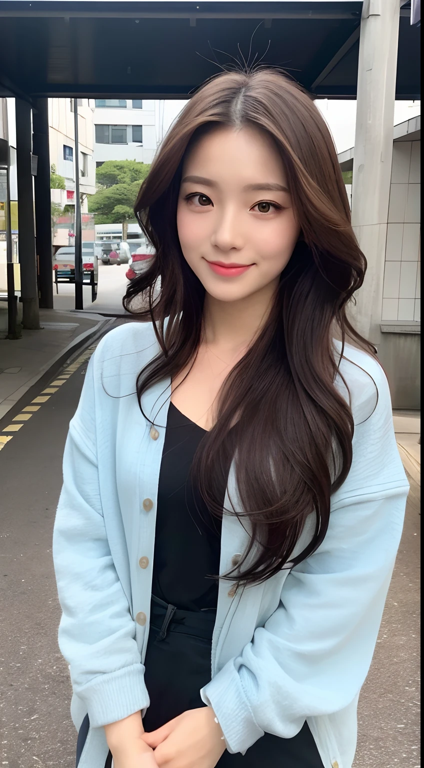 Create an image of a beautiful woman in contemporary Japan in 2024. She should have a natural makeup look, long hair with loose waves, double eyelids, a slight smile on her face, and wear clean and casual clothing. The background should depict her as if she's doing a street portrait photoshoot.