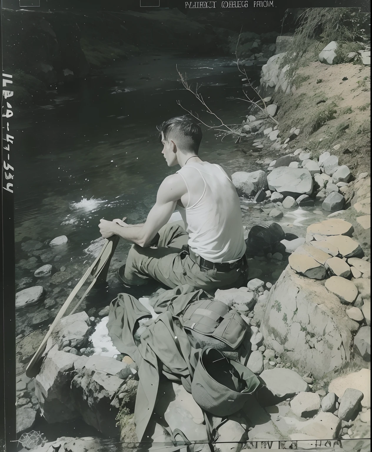 WWII era Soldier, short wet messy hair, no hat, washing his clothes in a stream, holding his green army shirt in his hands while washing it, coat helmet and gear pack laid out on the rocky bank, wearing his no-sleeved undershirt and Kachhi green army pants, subtle black and white tone colors of the image, 8k resolution