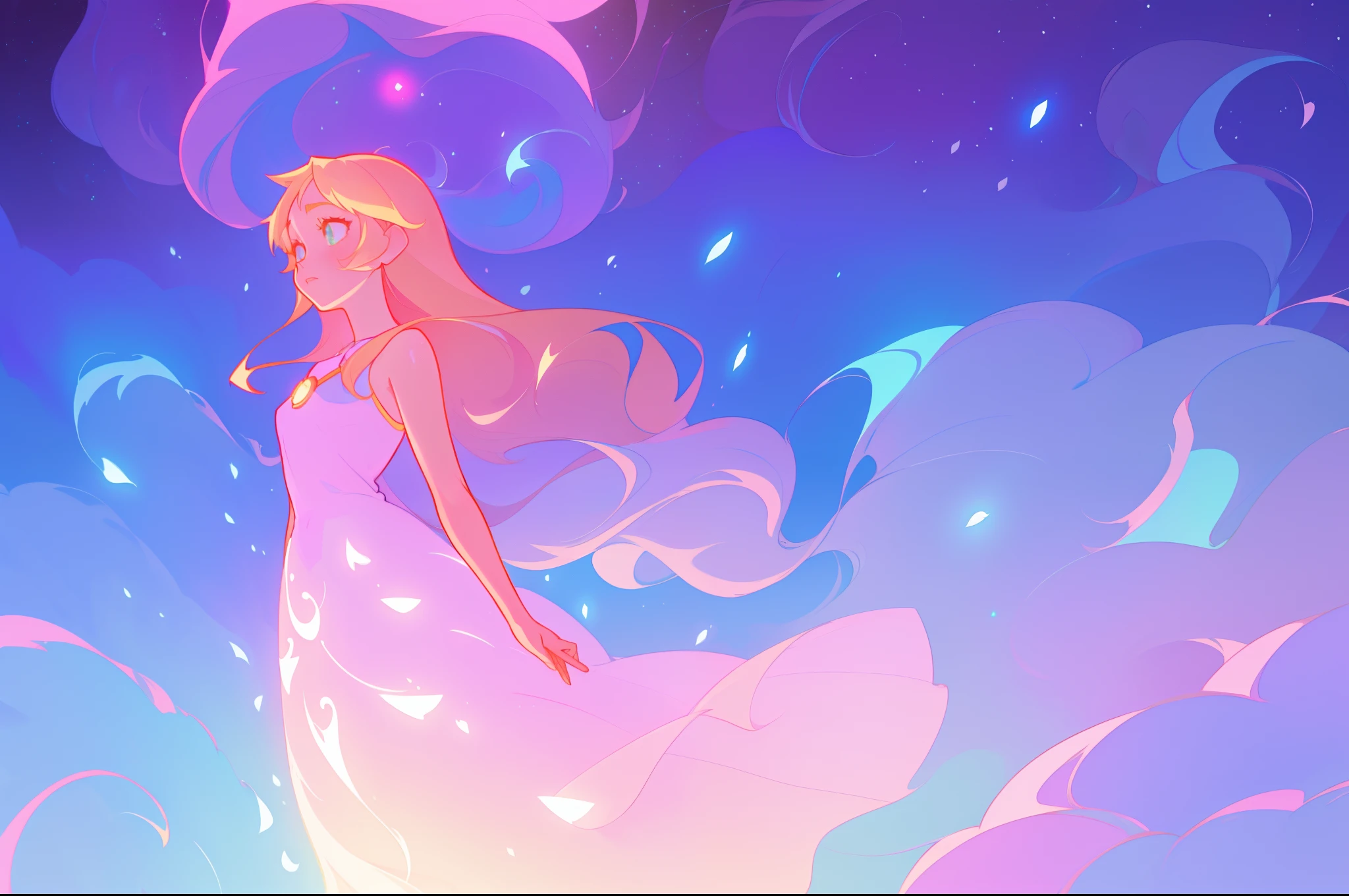 anime, a girl with long hair, liquid dress, long glowing ethereal hair, glowing flowing hair, flowing glowing hair, anime girl with cosmic hair, beautiful young wind spirit, long glowing hair, beautiful anime art style, beautiful digital illustration, ethereal anime, a beautiful artwork illustration, blonde anime girl with long hair, inspired by Glen Keane, inspired by Lois van Baarle, disney art style, by Lois van Baarle, glowing aura around her, by Glen Keane, jen bartel, glowing lights