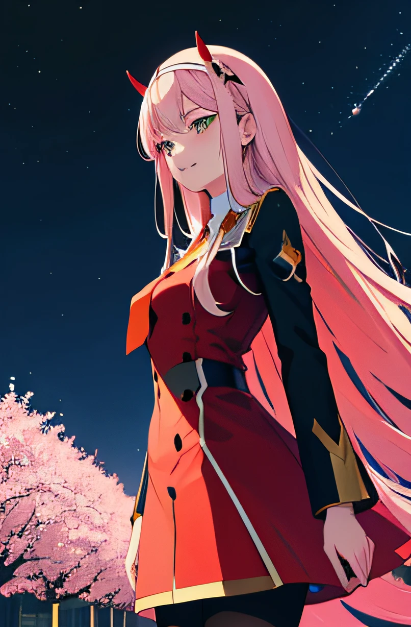 zerotwo, 1girl, solo, long hair, looking at viewer, smile, closed mouth, long sleeves, dress, medium breasts, Standing, very long hair, green eyes, pink hair, pantyhose, hairband, necktie, horns, shiny, uniform, shiny hair, aqua eyes, black pantyhose, military, military uniform, red dress, straight hair, :p, white hairband, double-breasted, short necktie, orange necktie, honey, masterpiece, realistic, anime, buildings, party paper, pink party paper, octans, sky, star (sky), scenery, starry sky, night, night sky, solo, outdoors, building, cloud, milky way, tree, long hair, city, cityscape , detailed background, stars, night, cherry blossoms, cute