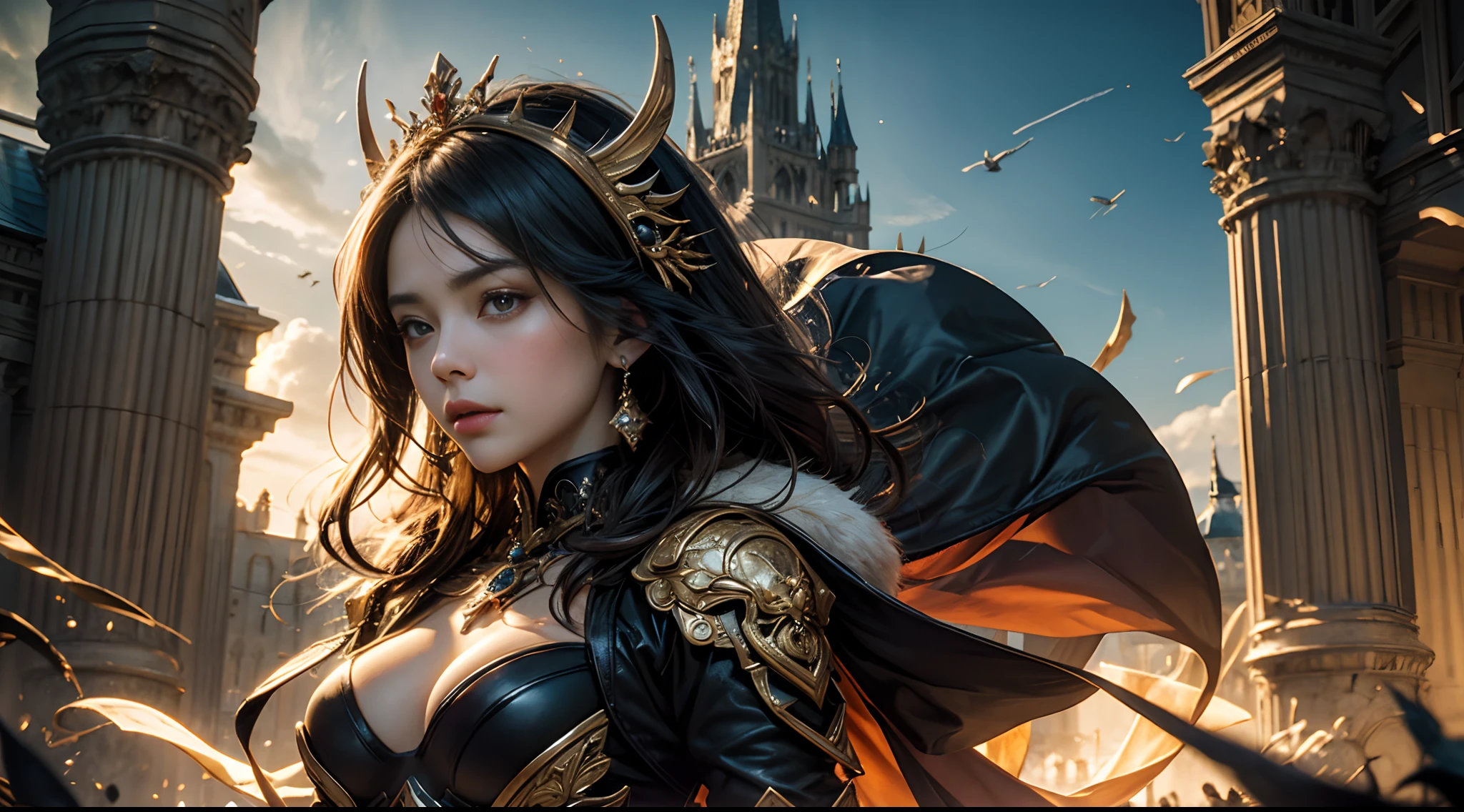 tmasterpiece,top-quality,best qualityer,offcial art,Beauty and aesthetics:1.2),(tmasterpiece:1.3), (8K, realisticlying, RAW photos, best qualtiy: 1.4), beauitful face, (photorealiscic face),超高分辨率, Ultra photo realsisim, highly detailed, the golden ratio, (with dynamism:1.3),(Saturation:1.3),illusory engine, (High detail: 1.9),(femele:1.4),(Large breasts),female mage,The background is the castle,dramatics,(magia:1.8),(Glowing scepter:1.5),Mysterious symbol