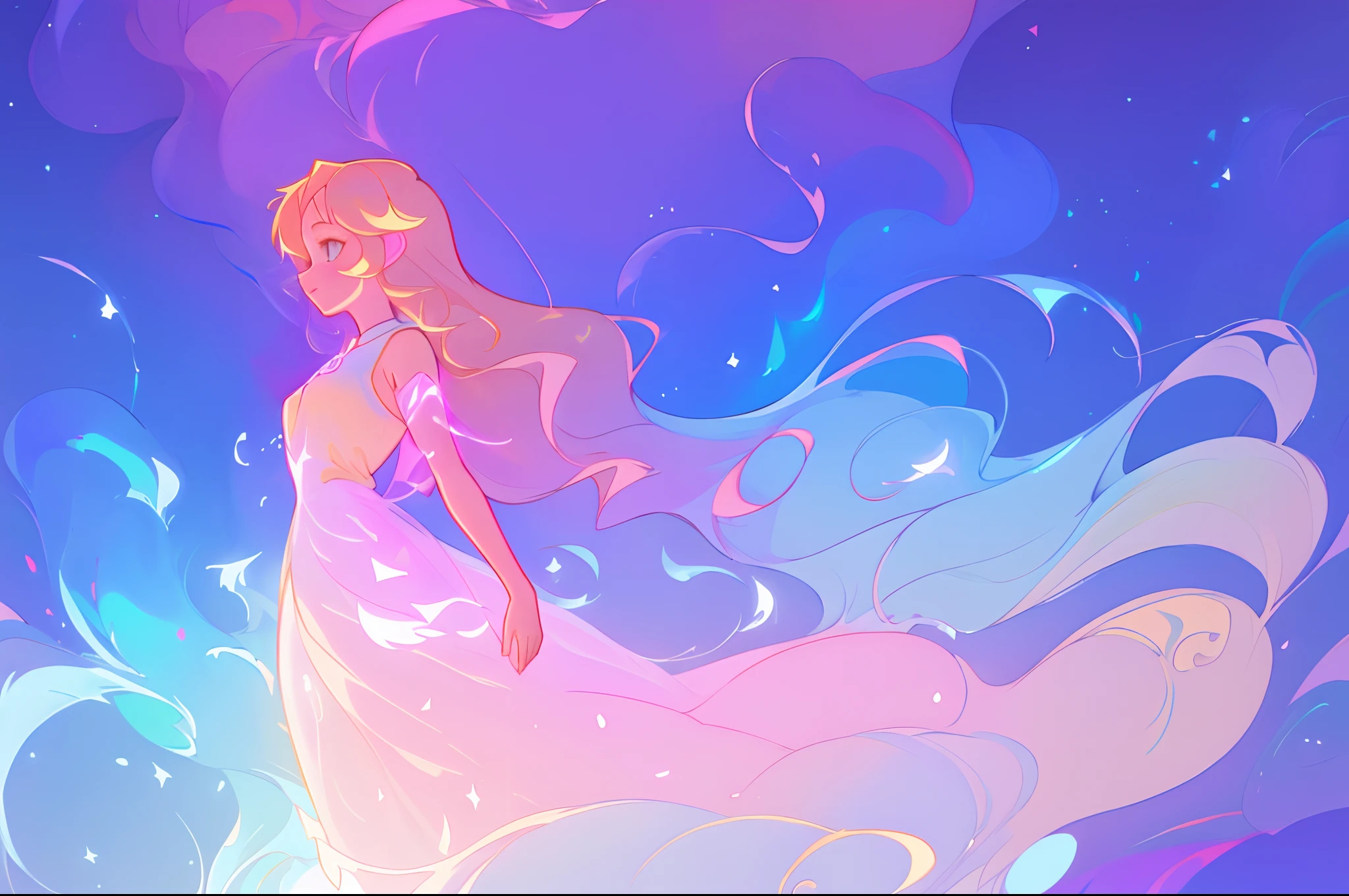 anime, a girl with long hair, liquid dress, long glowing ethereal hair, glowing flowing hair, flowing glowing hair, anime girl with cosmic hair, beautiful young wind spirit, long glowing hair, beautiful anime art style, beautiful digital illustration, ethereal anime, a beautiful artwork illustration, blonde anime girl with long hair, inspired by Glen Keane, inspired by Lois van Baarle, disney art style, by Lois van Baarle, glowing aura around her, by Glen Keane, jen bartel, glowing lights
