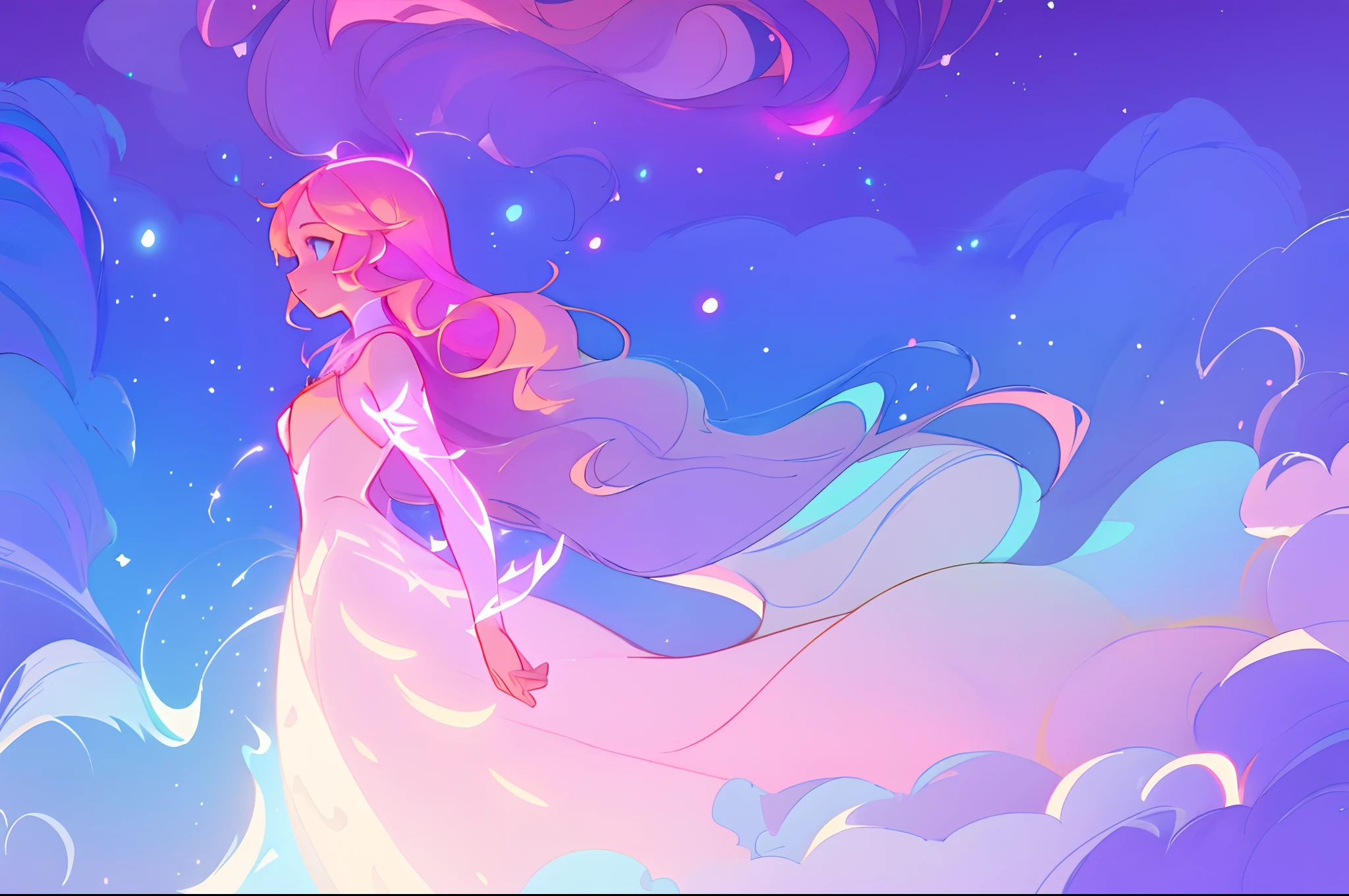 anime, a girl with long hair, liquid dress, long glowing ethereal hair, glowing flowing hair, flowing glowing hair, anime girl with cosmic hair, beautiful young wind spirit, long glowing hair, beautiful anime art style, beautiful digital illustration, ethereal anime, a beautiful artwork illustration, blonde anime girl with long hair, inspired by Glen Keane, inspired by Lois van Baarle, disney art style, by Lois van Baarle, glowing aura around her, by Glen Keane, jen bartel, glowing lights