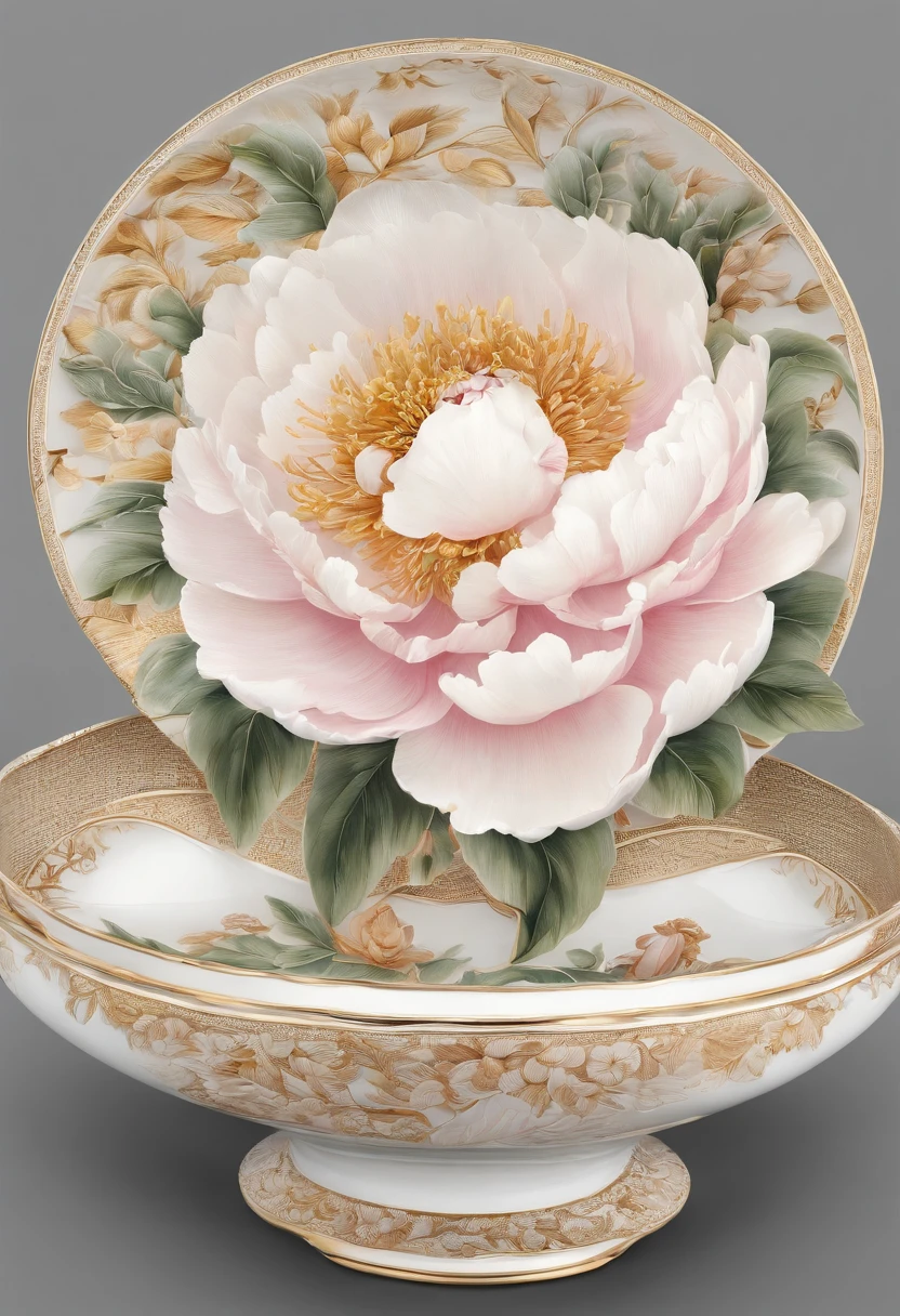 There is a bone china plate，Peony flower diagram，Bone china vase artwork，Modern artwork，top views，Best results，artwork of a，best qualtiy,8K,。.3D，Color decoration，top Quority，the detail，