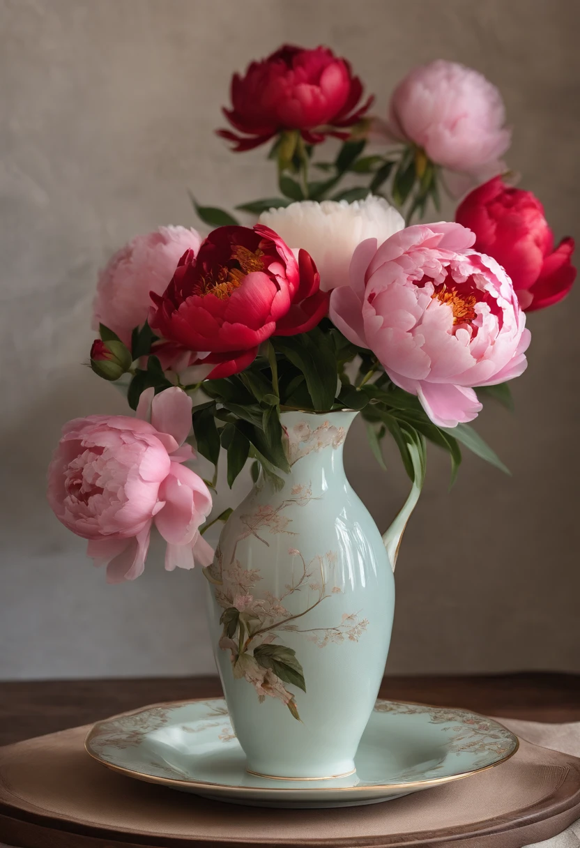 There is a bone china plate，Peony flower diagram，Bone china vase artwork，Modern artwork，top views，Best results，artwork of a，best qualtiy,8K,。.3D，Color decoration，top Quority，the detail，