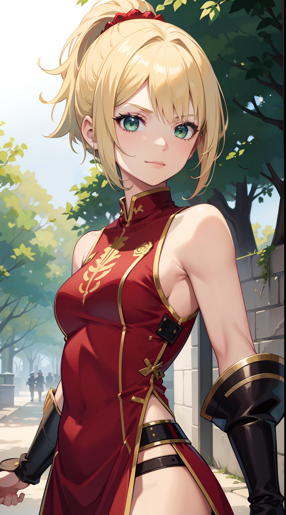 young girl, short blonde hair, high ponytail, Green eyes, Red Knight Uniform, Sleeveless, open shoulders, open belly, a sword, smirk, Masterpiece, hiquality, 4k, HD, Good detail