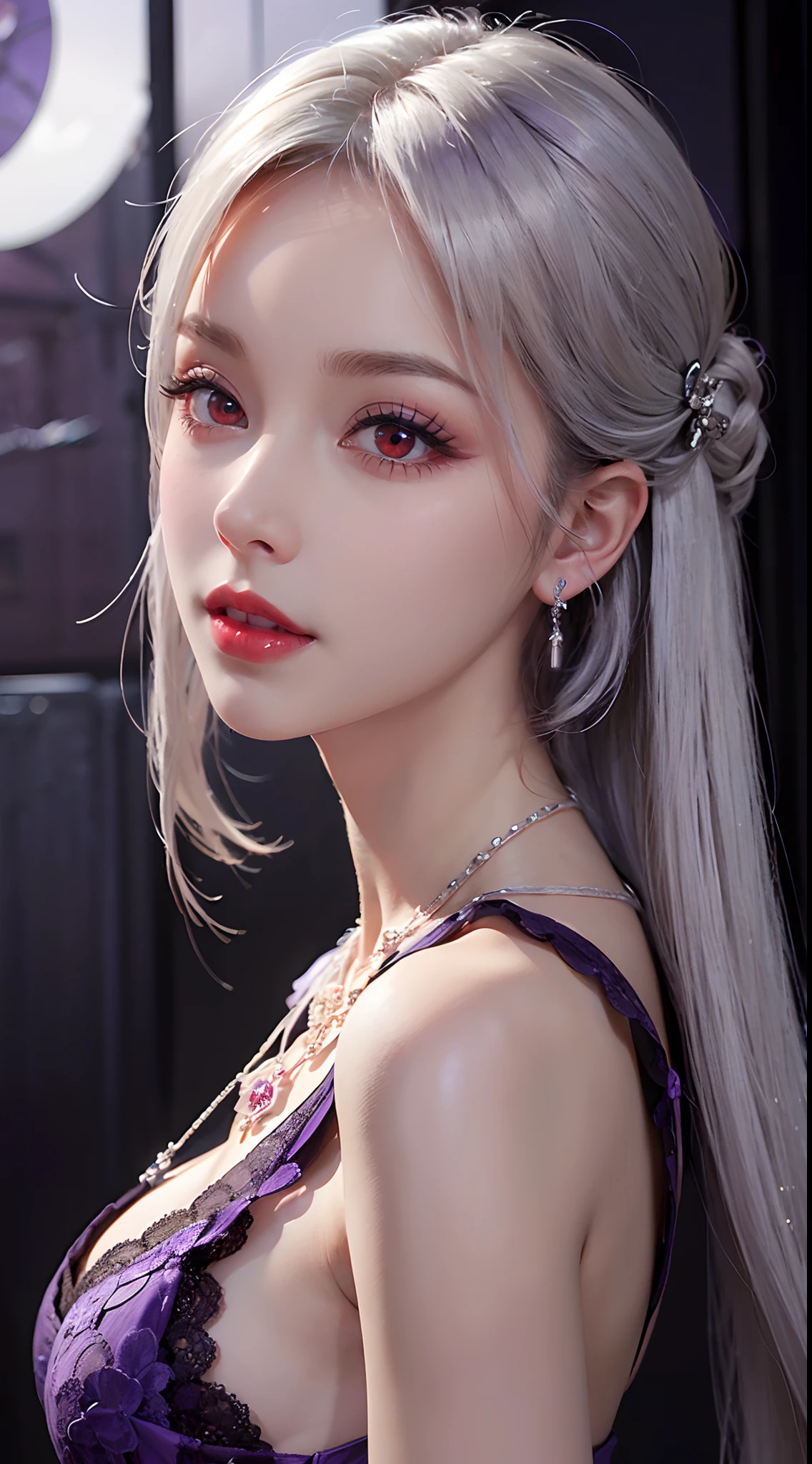 A beautiful and sexy 20 year old girl, wearing a super thin red dress, a diamond dress, ((long platinum hair:1.6)), bangs, elaborate jewelry made from gemstones and beautiful hair, ((wearing a purple lace necklace:1.6)), the girl's noble, noble style is extremely beautiful, her small face is super cute, her face is very pretty, her eyebrows are thin, flawless beautiful face, ((black eye pupils: 0.8)), very beautiful eyes, ((light red eyes: 1.5)), beautiful makeup and detailed eyelashes, wet eye makeup Ass, high nose, earrings, red lips, ((closed mouth: 1;5 )) beautiful lips, slim hands, most beautiful thighs, ((arms spread to the sides: 1.5)), rosy face, clean face will, flawless beautiful face, smooth white skin, ((big breasts: 1.5)), ((high breasts: 1.6)), Plump breasts, nice cleavage, ((big and super round breasts: 1.8)), ((super tight breasts: 1.5)) , beautiful breasts, back arms, beautiful girl's upper body, 8k photo, super high quality, super realistic, 10x super pixel, optical, dark studio, light border, two-tone lighting , (highly detailed skin:1.2), ultra 8k, soft light, high quality, volumetric lighting, realistic, Photo, high resolution, lighting, best photo, 4k, 8k quality , blur effect, Smooth sharp, 10 x pixels, (galaxy: 1.7), aurora, lightning, surreal graphics, most realistic graphics, alone, solo, Extremely sharp images, surreal, (((front portrait:1.3)))."