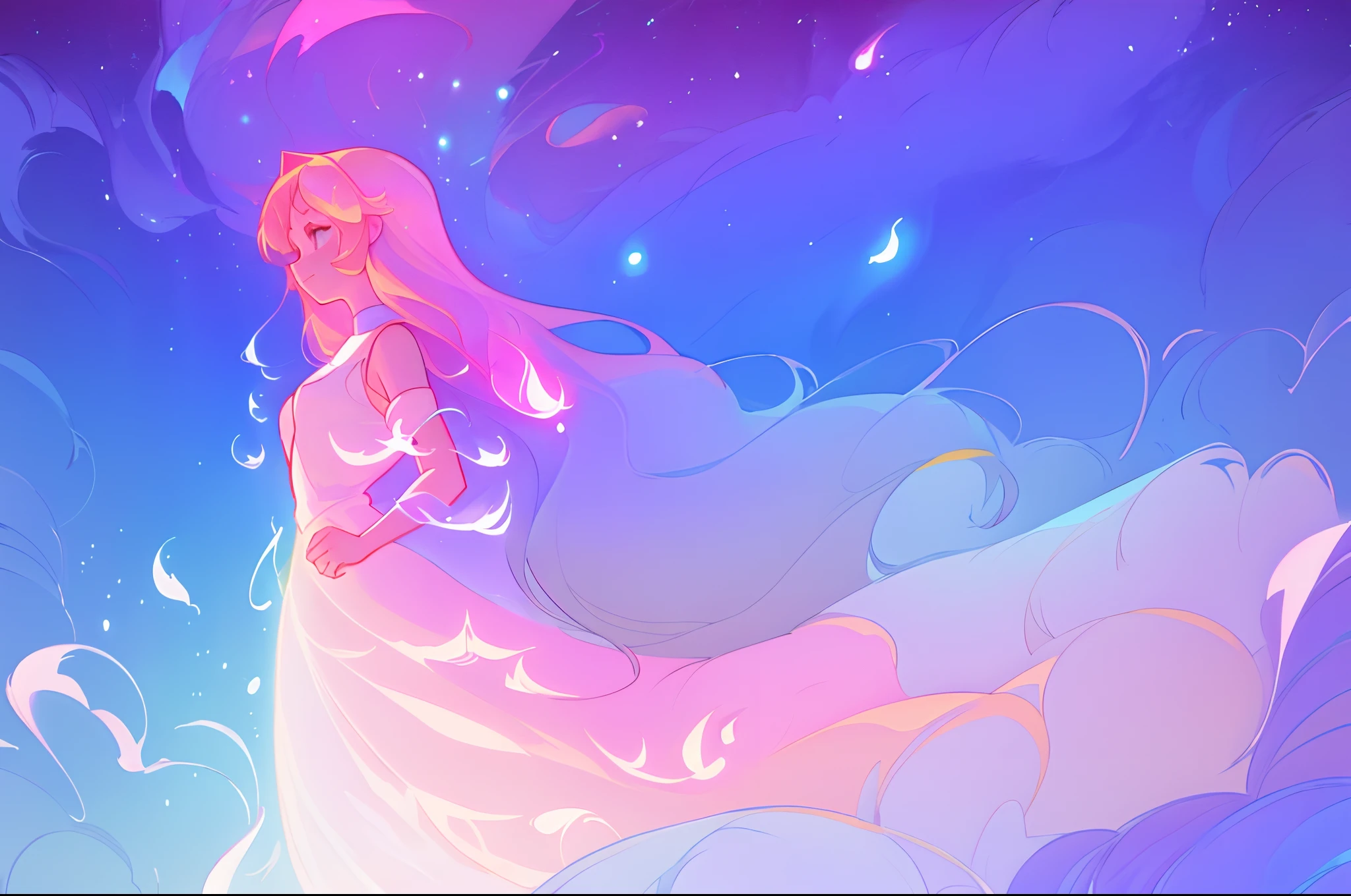anime, a girl with long hair, liquid dress, long glowing ethereal hair, glowing flowing hair, flowing glowing hair, anime girl with cosmic hair, beautiful young wind spirit, long glowing hair, beautiful anime art style, beautiful digital illustration, ethereal anime, a beautiful artwork illustration, blonde anime girl with long hair, inspired by Glen Keane, inspired by Lois van Baarle, disney art style, by Lois van Baarle, glowing aura around her, by Glen Keane, jen bartel, glowing lights