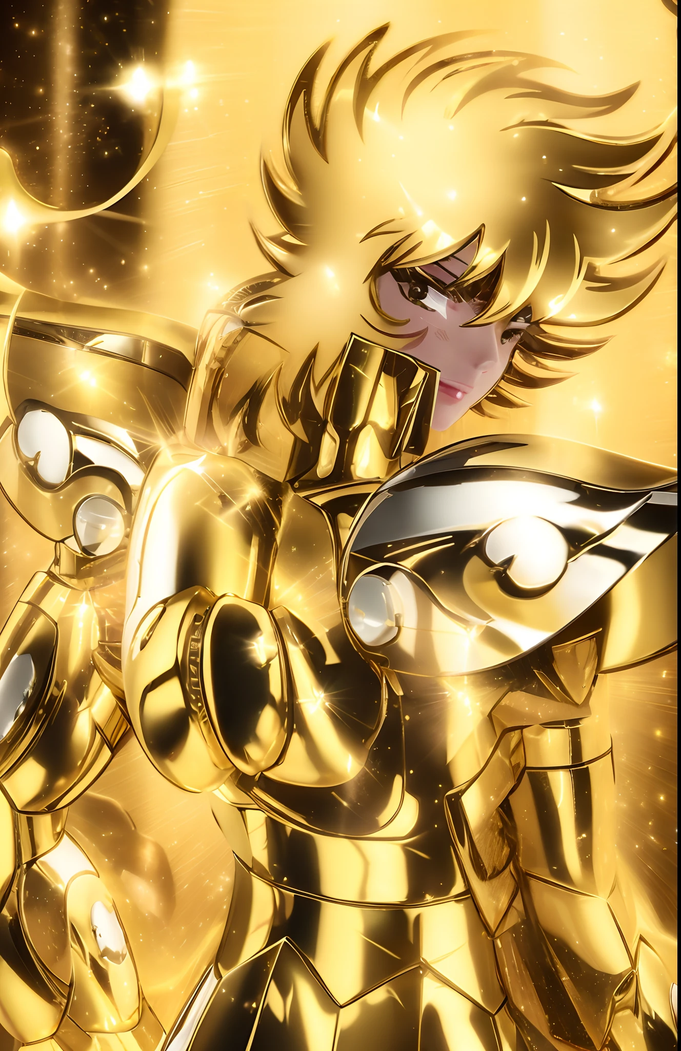 um close up de uma pessoa em um terno amarelo com uma espada, Saint Seiya, DEUS. dramatic gold blue lighting, unreal motor render Sao Seiya, knights of zodiac girl, usando armadura dourada, Armadura Dourada, armadura de ouro, gold gates of heaven!!!!!!!!, portrait knights of zodiac girl, Armadura de Ouro, Armadura dourada, coberto em armadura de metal completo, Pin no anime