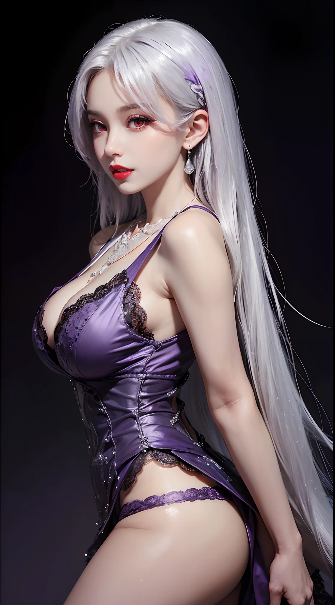 A beautiful and sexy 20 year old girl, wearing a super thin red dress, a diamond dress, ((long platinum hair:1.6)), bangs, elaborate jewelry made from gemstones and beautiful hair, ((wearing a purple lace necklace:1.6)), the girl's noble, noble style is extremely beautiful, her small face is super cute, her face is very pretty, her eyebrows are thin, flawless beautiful face, ((black eye pupils: 0.8)), very beautiful eyes, ((light red eyes: 1.5)), beautiful makeup and detailed eyelashes, wet eye makeup Ass, high nose, earrings, red lips, ((closed mouth: 1;5 )) beautiful lips, slim hands, most beautiful thighs, ((arms spread to the sides: 1.5)), rosy face, clean face will, flawless beautiful face, smooth white skin, ((big breasts: 1.5)), ((high breasts: 1.6)), Plump breasts, nice cleavage, ((big and super round breasts: 1.8)), ((super tight breasts: 1.5)) , beautiful breasts, back arms, beautiful girl's upper body, 8k photo, super high quality, super realistic, 10x super pixel, optical, dark studio, light border, two-tone lighting , (highly detailed skin:1.2), ultra 8k, soft light, high quality, volumetric lighting, realistic, Photo, high resolution, lighting, best photo, 4k, 8k quality , blur effect, Smooth sharp, 10 x pixels, (galaxy: 1.7), aurora, lightning, surreal graphics, most realistic graphics, alone, solo, Extremely sharp images, surreal, (((front portrait:1.3)))."