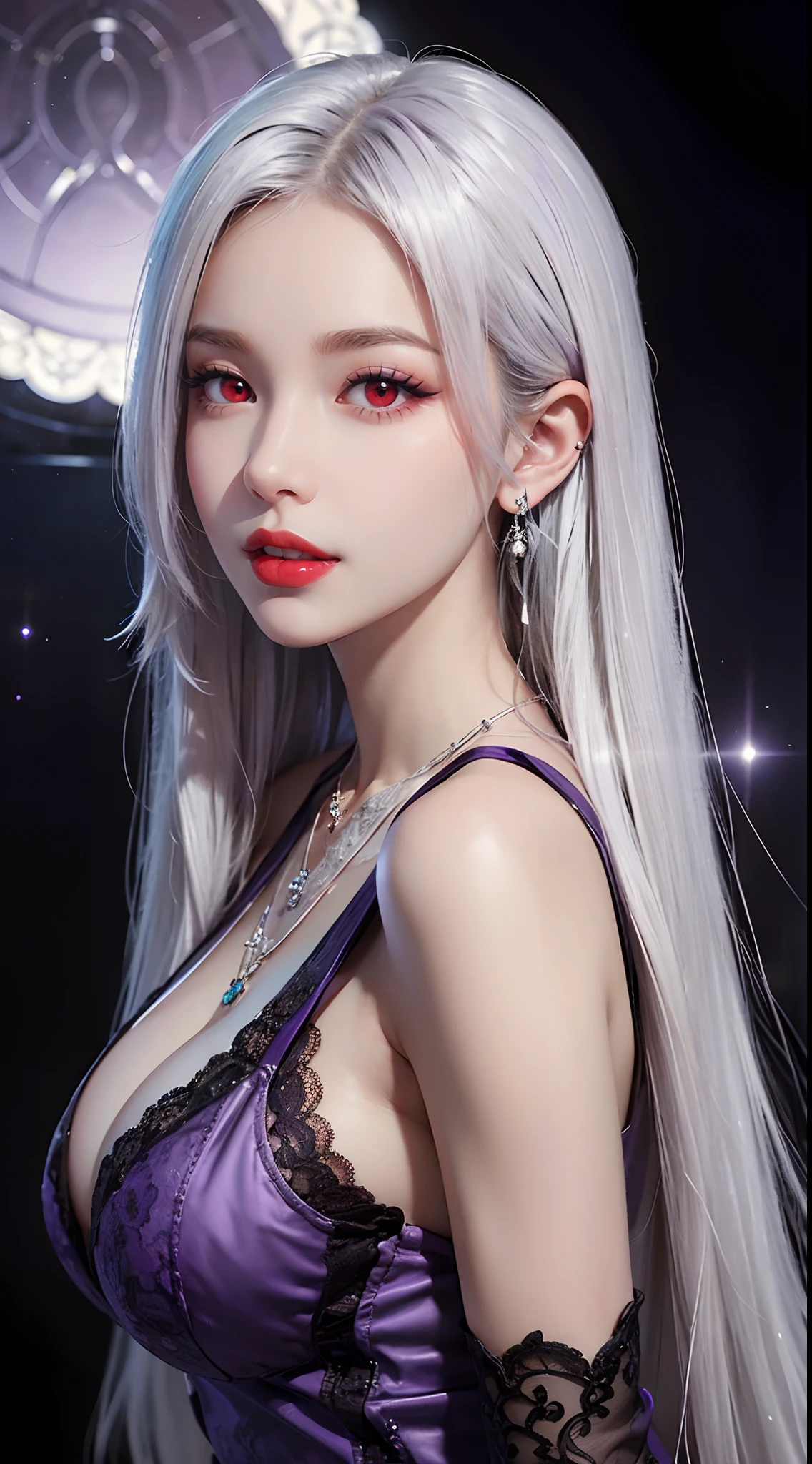 A beautiful and sexy 20 year old girl, wearing a super thin red dress, a diamond dress, ((long platinum hair:1.6)), bangs, elaborate jewelry made from gemstones and beautiful hair, ((wearing a purple lace necklace:1.6)), the girl's noble, noble style is extremely beautiful, her small face is super cute, her face is very pretty, her eyebrows are thin, flawless beautiful face, ((black eye pupils: 0.8)), very beautiful eyes, ((light red eyes: 1.5)), beautiful makeup and detailed eyelashes, wet eye makeup Ass, high nose, earrings, red lips, ((closed mouth: 1;5 )) beautiful lips, slim hands, most beautiful thighs, ((arms spread to the sides: 1.5)), rosy face, clean face will, flawless beautiful face, smooth white skin, ((big breasts: 1.5)), ((high breasts: 1.6)), Plump breasts, nice cleavage, ((big and super round breasts: 1.8)), ((super tight breasts: 1.5)) , beautiful breasts, back arms, beautiful girl's upper body, 8k photo, super high quality, super realistic, 10x super pixel, optical, dark studio, light border, two-tone lighting , (highly detailed skin:1.2), ultra 8k, soft light, high quality, volumetric lighting, realistic, Photo, high resolution, lighting, best photo, 4k, 8k quality , blur effect, Smooth sharp, 10 x pixels, (galaxy: 1.7), aurora, lightning, surreal graphics, most realistic graphics, alone, solo, Extremely sharp images, surreal, (((front portrait:1.3)))."
