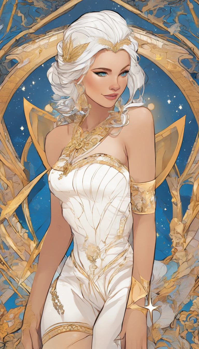 A woman with medium-length white hair, blue eyes, and fair skin. She has a birthmark in the shape of a star on her left cheek. She wears a white tiara-shaped crown. A white and gold bodysuit with magical-style details in its design, featuring hexagonal patterns.