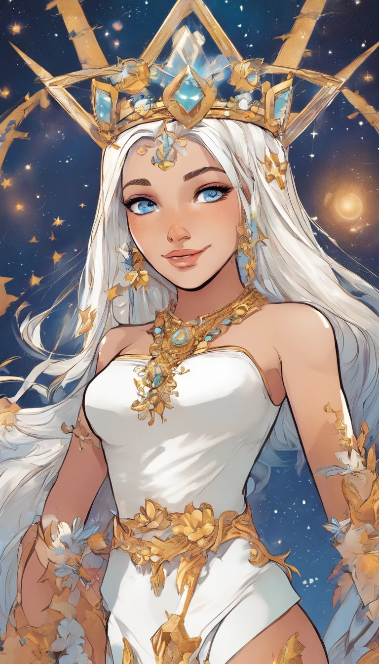 A woman with medium-length white hair, blue eyes, and fair skin. She has a birthmark in the shape of a star on her left cheek. She wears a white tiara-shaped crown. A white and gold bodysuit with magical-style details in its design, featuring hexagonal patterns.