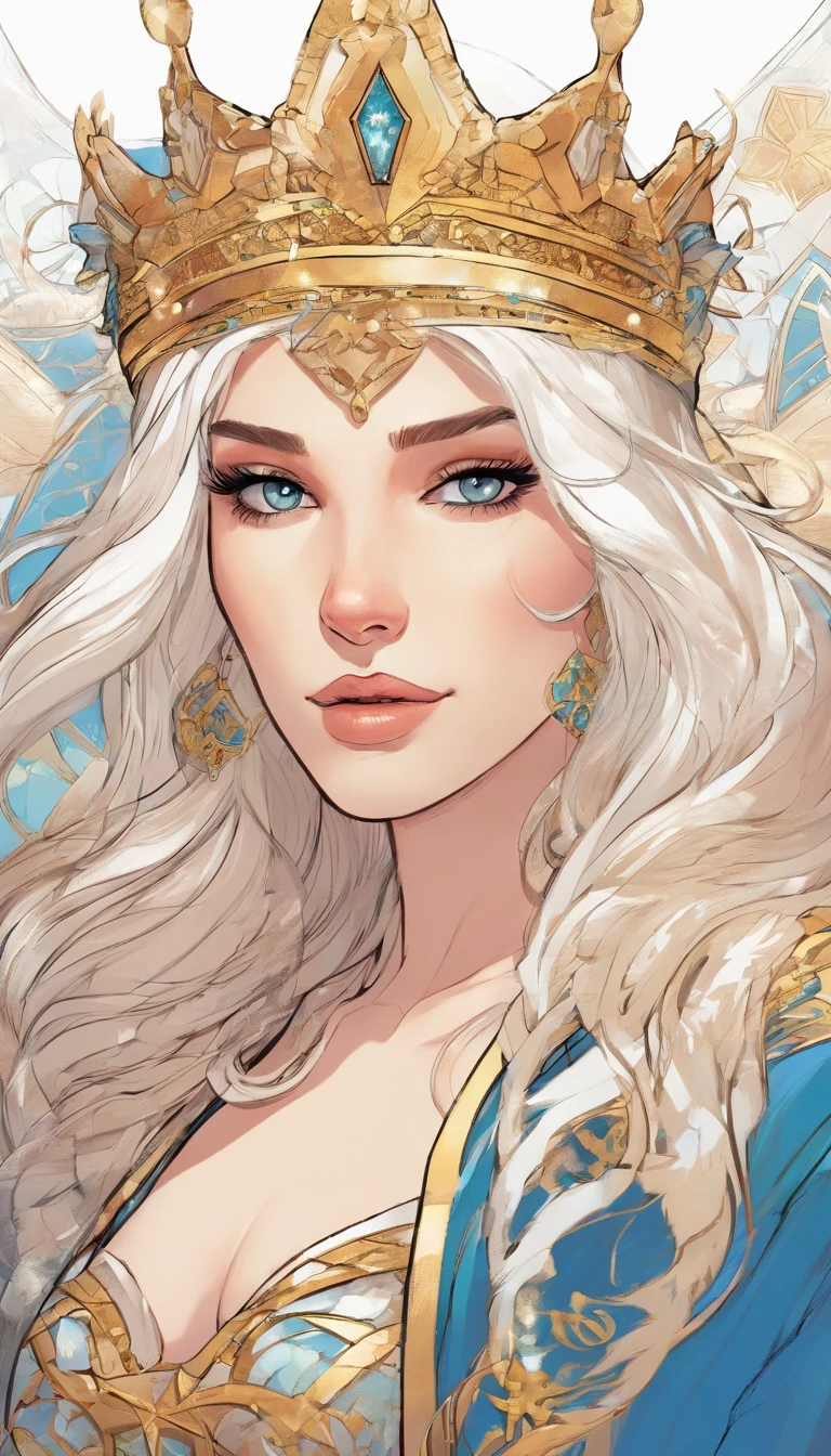 A woman with medium-length white hair, blue eyes, and fair skin. She has a birthmark in the shape of a star on her left cheek. She wears a white tiara-shaped crown. A white and gold bodysuit with magical-style details in its design, featuring hexagonal patterns.