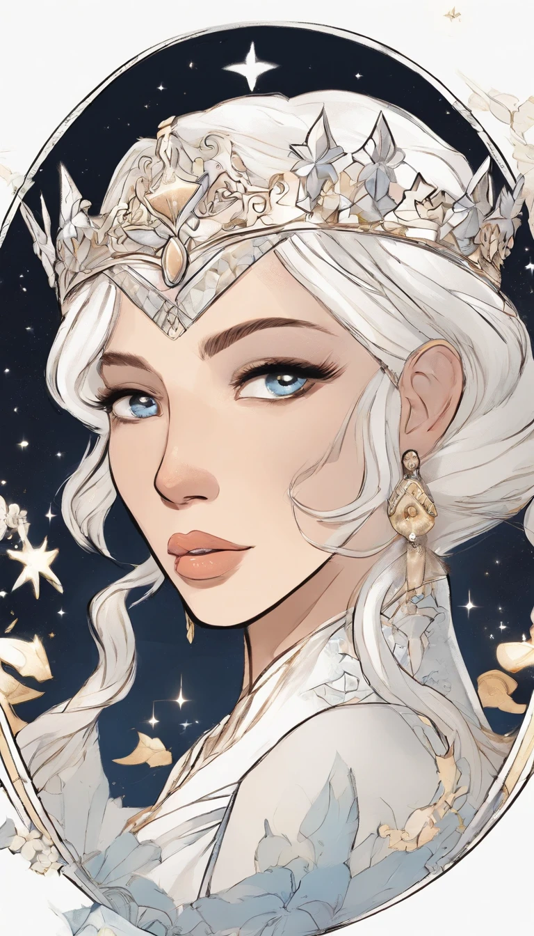 A woman with medium-length white hair, blue eyes, and fair skin. She has a birthmark in the shape of a star on her left cheek. She wears a white tiara-shaped crown. A white and gold bodysuit with magical-style details in its design, featuring hexagonal patterns.