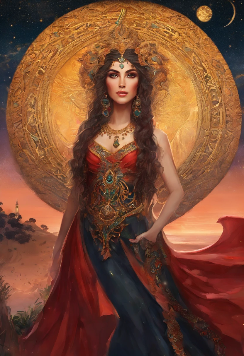 An 8K high-definition portrait of a beautiful gypsy woman, princesa persa, Deusa afrodite, uma deusa de beleza fenomenal, a mais bela das mulheres, mulher iraniana de estrema beleza,((tiro de todo o corpo, Looking towards the camera)),(( com longos cabelos cacheados)), ((vestido longo vermelho e preto e detalhes em dourado )), mulher com magia cigana, ((uma bela cigana de cabelos cacheados, libidinosa)), In the background a beautiful landscape of Seville in Spain with full moon and sky with Milky Way, era vitoriana, uma Rainha bela e jovem, filmic grain, Ilford HP5, 80mmDeusa do Mar, Deusa do Oceano, Luthien, arte de deusa, Deusa da mitologia grega, Deusa da Lua, Deusa do amor e da paz, deusa bonito, Mitologia do Deusa da Terra, Um retrato impressionante de um deusa, Frank Kelly Freas, Estilo Karol Bak, ((beautiful face)), Ultra Definition, melhor qualidade, 32k ultra | | | | | | | | | | | | | | | | | | | | | | | | | | | | | | | | | | | | | | | | | | | | | | | | | | | | | | | | | | | | | | | | | | | | | | | | | | | | | | | | | | | | | |, Ultra HD | | | | | | | | | | | | | | | | | | | | | | | | | | | | | | | | | | | | | | | | | | | | | | | | | | | | | | | | | | | | | | | | | | | | | | | | | | | | | | | | | | | | | | | | | | | | | | | | | | | | | | | | | | | | |