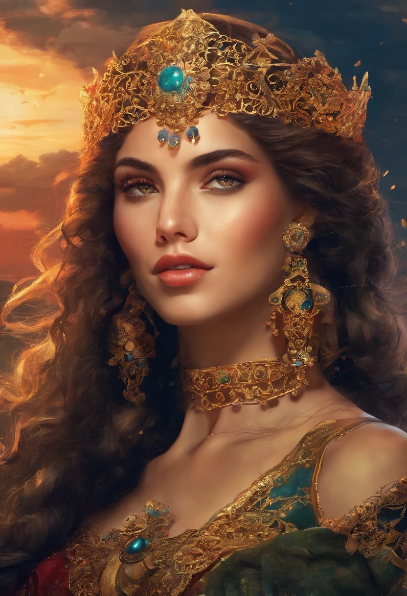 An 8K high-definition portrait of a beautiful gypsy woman, princesa persa, Deusa afrodite, uma deusa de beleza fenomenal, a mais bela das mulheres, mulher iraniana de estrema beleza,((tiro de todo o corpo, Looking towards the camera)),(( com longos cabelos cacheados)), ((vestido longo vermelho e preto e detalhes em dourado )), mulher com magia cigana, ((uma bela cigana de cabelos cacheados, libidinosa)), In the background a beautiful landscape of Seville in Spain with full moon and sky with Milky Way, era vitoriana, uma Rainha bela e jovem, filmic grain, Ilford HP5, 80mmDeusa do Mar, Deusa do Oceano, Luthien, arte de deusa, Deusa da mitologia grega, Deusa da Lua, Deusa do amor e da paz, deusa bonito, Mitologia do Deusa da Terra, Um retrato impressionante de um deusa, Frank Kelly Freas, Estilo Karol Bak, ((beautiful face)), Ultra Definition, melhor qualidade, 32k ultra | | | | | | | | | | | | | | | | | | | | | | | | | | | | | | | | | | | | | | | | | | | | | | | | | | | | | | | | | | | | | | | | | | | | | | | | | | | | | | | | | | | | | |, Ultra HD | | | | | | | | | | | | | | | | | | | | | | | | | | | | | | | | | | | | | | | | | | | | | | | | | | | | | | | | | | | | | | | | | | | | | | | | | | | | | | | | | | | | | | | | | | | | | | | | | | | | | | | | | | | | |