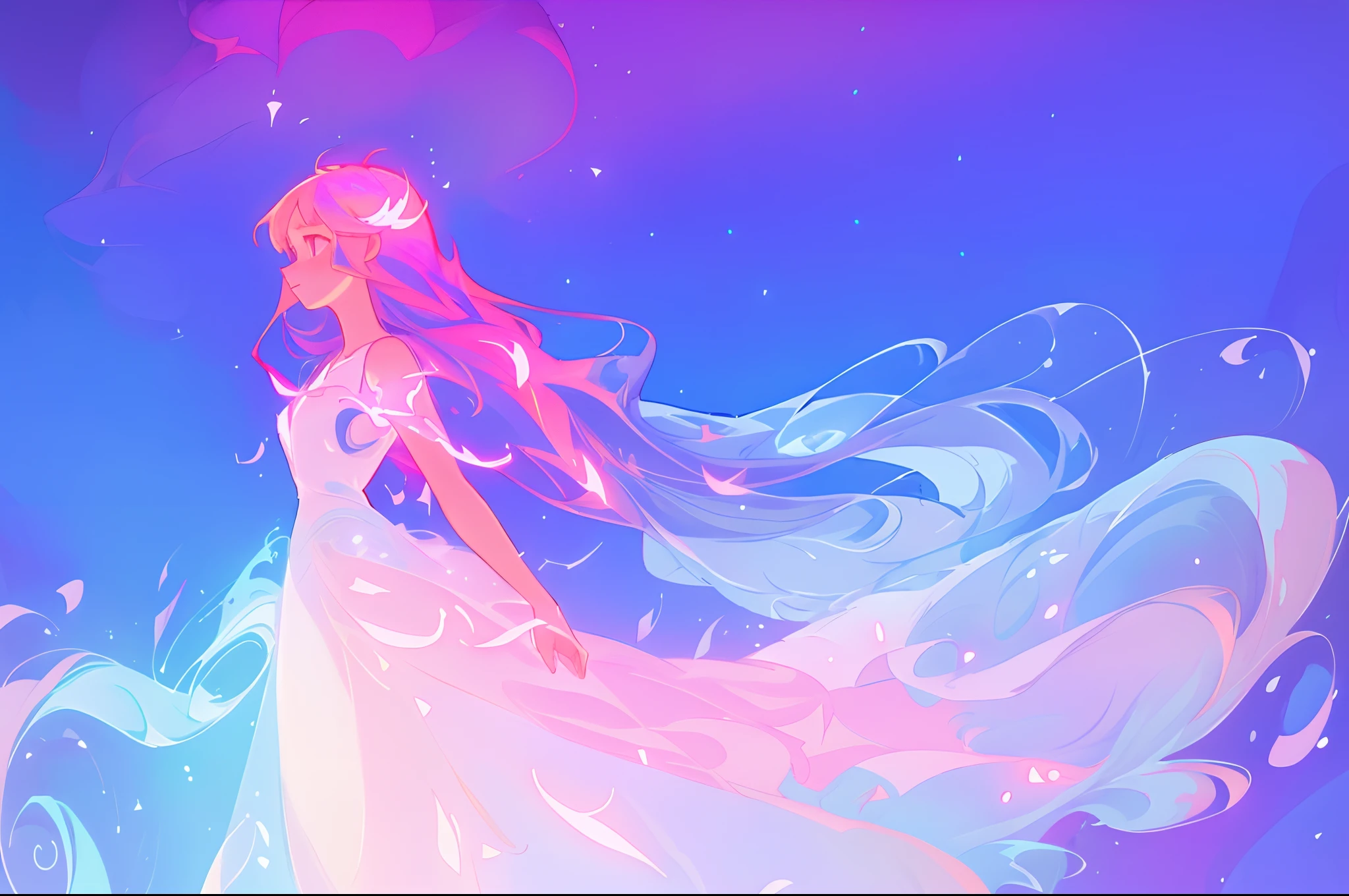 anime, a girl with long hair, liquid dress, long glowing ethereal hair, glowing flowing hair, flowing glowing hair, anime girl with cosmic hair, beautiful young wind spirit, long glowing hair, beautiful anime art style, beautiful digital illustration, ethereal anime, a beautiful artwork illustration, blonde anime girl with long hair, inspired by Glen Keane, inspired by Lois van Baarle, disney art style, by Lois van Baarle, glowing aura around her, by Glen Keane, jen bartel, glowing lights