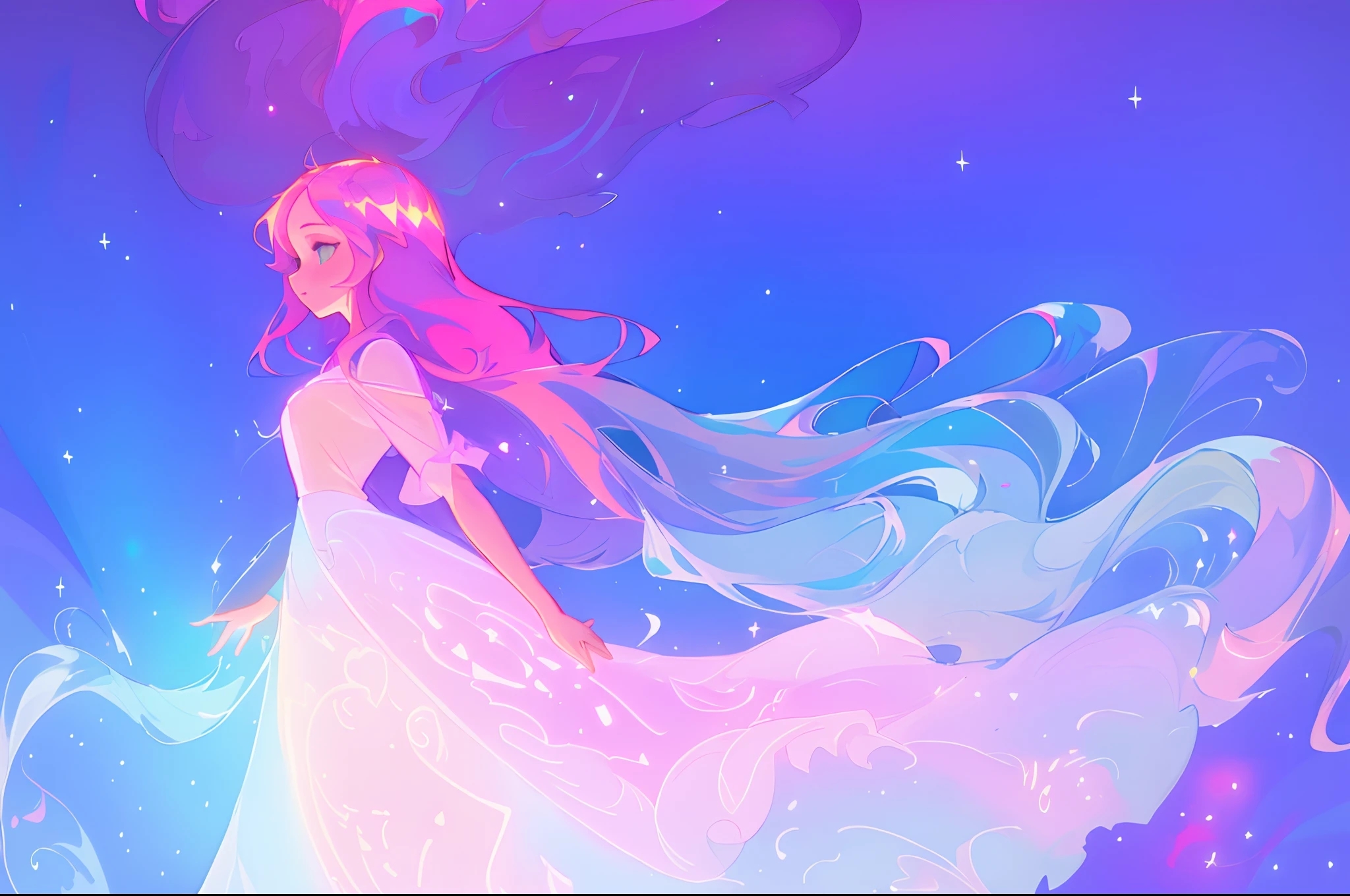 anime, a girl with long hair, liquid dress, long glowing ethereal hair, glowing flowing hair, flowing glowing hair, anime girl with cosmic hair, beautiful young wind spirit, long glowing hair, beautiful anime art style, beautiful digital illustration, ethereal anime, a beautiful artwork illustration, blonde anime girl with long hair, inspired by Glen Keane, inspired by Lois van Baarle, disney art style, by Lois van Baarle, glowing aura around her, by Glen Keane, jen bartel, glowing lights