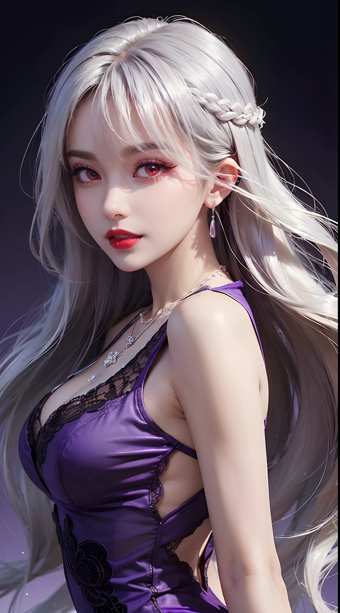 A beautiful and sexy 20 year old girl, wearing a super thin red dress, a diamond dress, ((long platinum hair:1.6)), bangs, elaborate jewelry made from gemstones and beautiful hair, ((wearing a purple lace necklace:1.6)), the girl's noble, noble style is extremely beautiful, her small face is super cute, her face is very pretty, her eyebrows are thin, flawless beautiful face, ((black eye pupils: 0.8)), very beautiful eyes, ((light red eyes: 1.5)), beautiful makeup and detailed eyelashes, wet eye makeup Ass, high nose, earrings, red lips, ((closed mouth: 1;5 )) beautiful lips, slim hands, most beautiful thighs, ((arms spread to the sides: 1.5)), rosy face, clean face will, flawless beautiful face, smooth white skin, ((big breasts: 1.5)), ((high breasts: 1.6)), Plump breasts, nice cleavage, ((big and super round breasts: 1.8)), ((super tight breasts: 1.5)) , beautiful breasts, back arms, beautiful girl's upper body, 8k photo, super high quality, super realistic, 10x super pixel, optical, dark studio, light border, two-tone lighting , (highly detailed skin:1.2), ultra 8k, soft light, high quality, volumetric lighting, realistic, Photo, high resolution, lighting, best photo, 4k, 8k quality , blur effect, Smooth sharp, 10 x pixels, (galaxy: 1.7), aurora, lightning, surreal graphics, most realistic graphics, alone, solo, Extremely sharp images, surreal, (((front portrait:1.3)))."