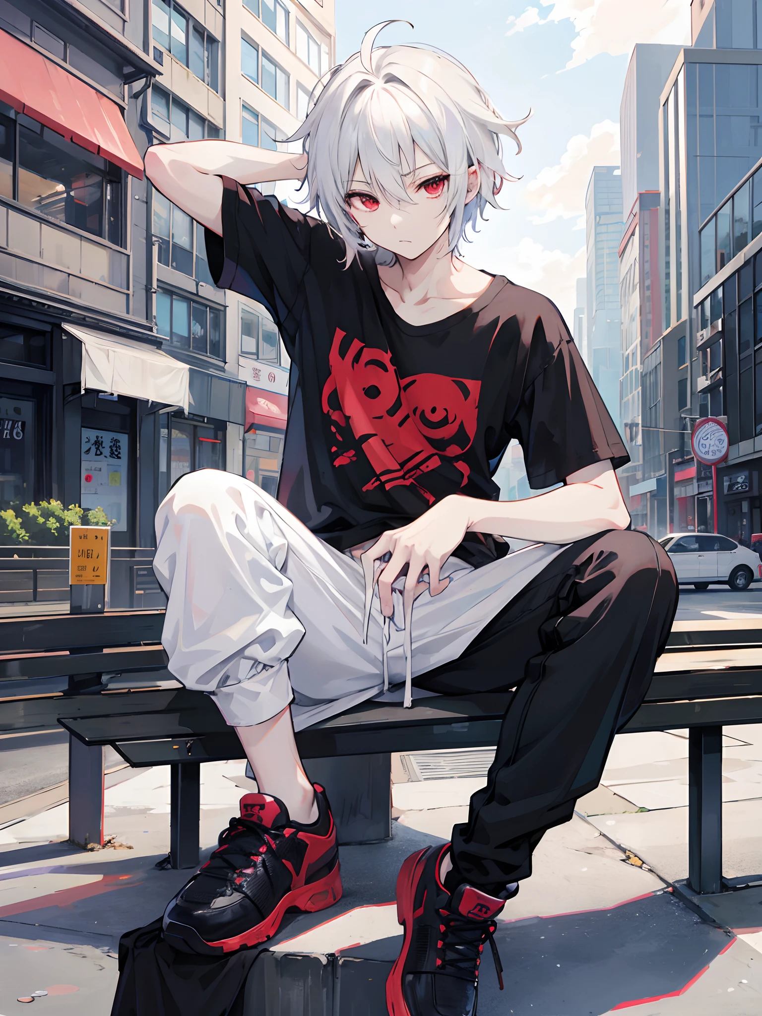 anime male sitting on a bench in a city street, anime style 8k, high quality anime art style, short white hair, red eyes, black and white t shirt, sitting, hair slightly covering eye, hair nose level, demon slayer style, pants, messy hair, hip hop clothes, emo, tattoo, older,