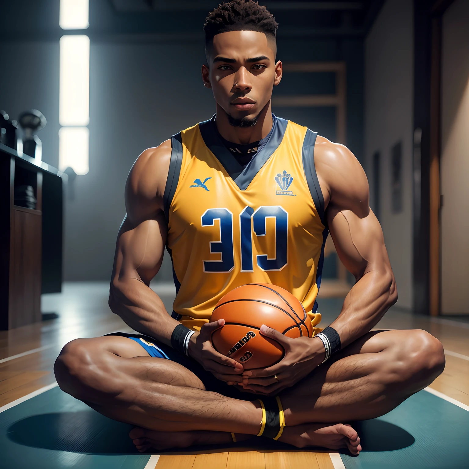 Black man sitting Monk's Meditation position, Zen Meditation, segurando bola de basquete, Player aesthetics, imagem de frente, de uniforme azul, com detalhes cyberpunk