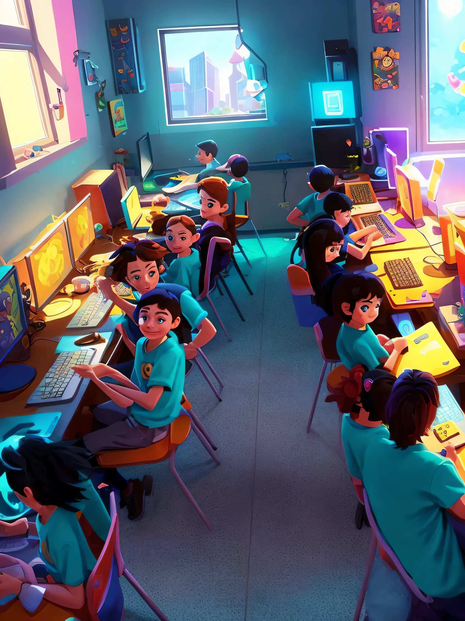there are many children sitting at desks in a classroom, Cyril Rolando e Goro Fujita, Classe escolar, detailed 2d illustration, inspirado em Cyril Rolando, digital art render, em estilo de atey ghailan, Atey Ghailan 8 K, rossdraws global illumination, official illustration, animation illustrative style, epic scene full of computers