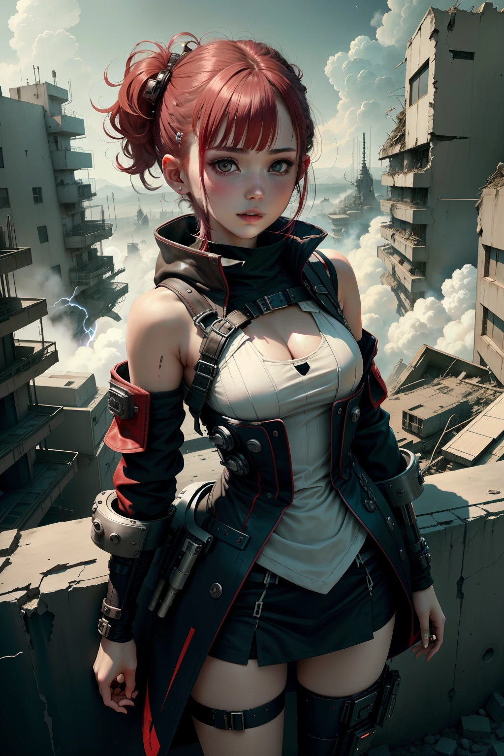 High quality,17 year old girl、robe blanche、red hairs、Black eyes、short-hair、cyberpunked, a lot of rubble falls, zori, Lens Flare