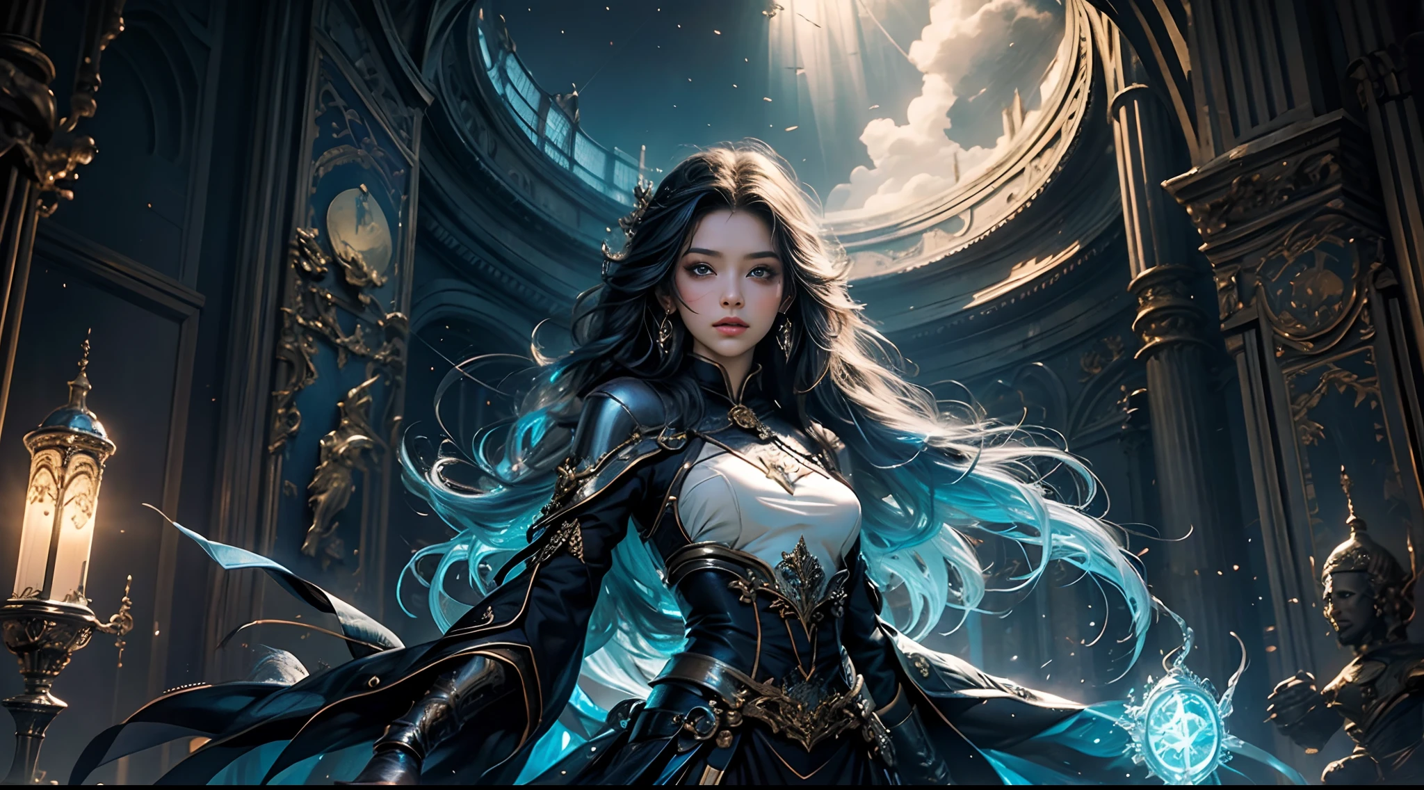 tmasterpiece,top-quality,best qualityer,offcial art,Beauty and aesthetics:1.2),(tmasterpiece:1.3), (8K, realisticlying, RAW photos, best qualtiy: 1.4), beauitful face, (photorealiscic face),超高分辨率, Ultra photo realsisim, highly detailed, the golden ratio, (with dynamism:1.3),(Saturation:1.3),illusory engine, (High detail: 1.9),(femele:1.4),(Large breasts),female mage,The background is the castle,dramatics,(magia:1.8),(Glowing scepter:1.5),Mysterious symbol