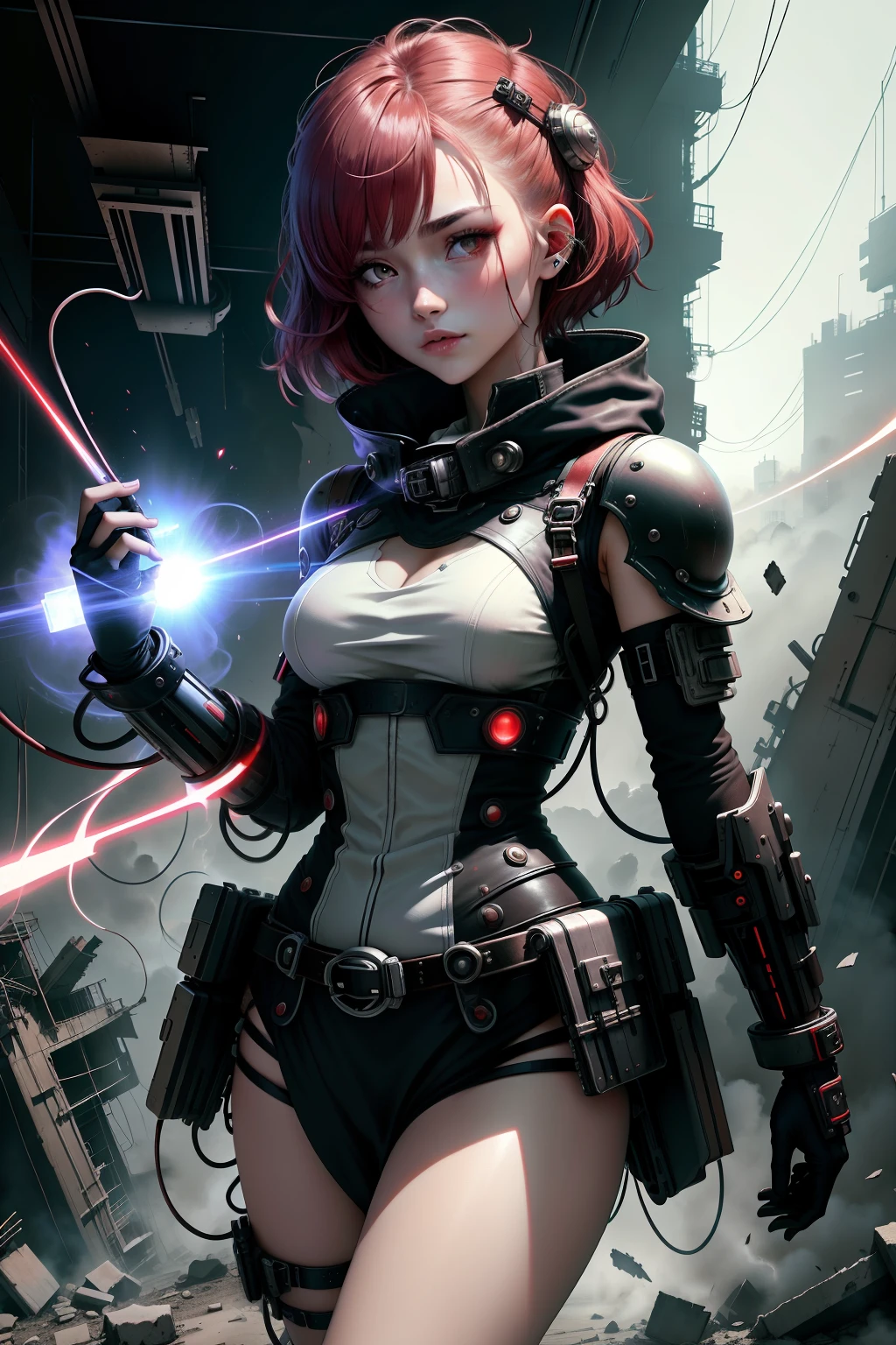 High quality,17 year old girl、robe blanche、red hairs、Black eyes、short-hair、cyberpunked, a lot of rubble falls, zori, Lens Flare
