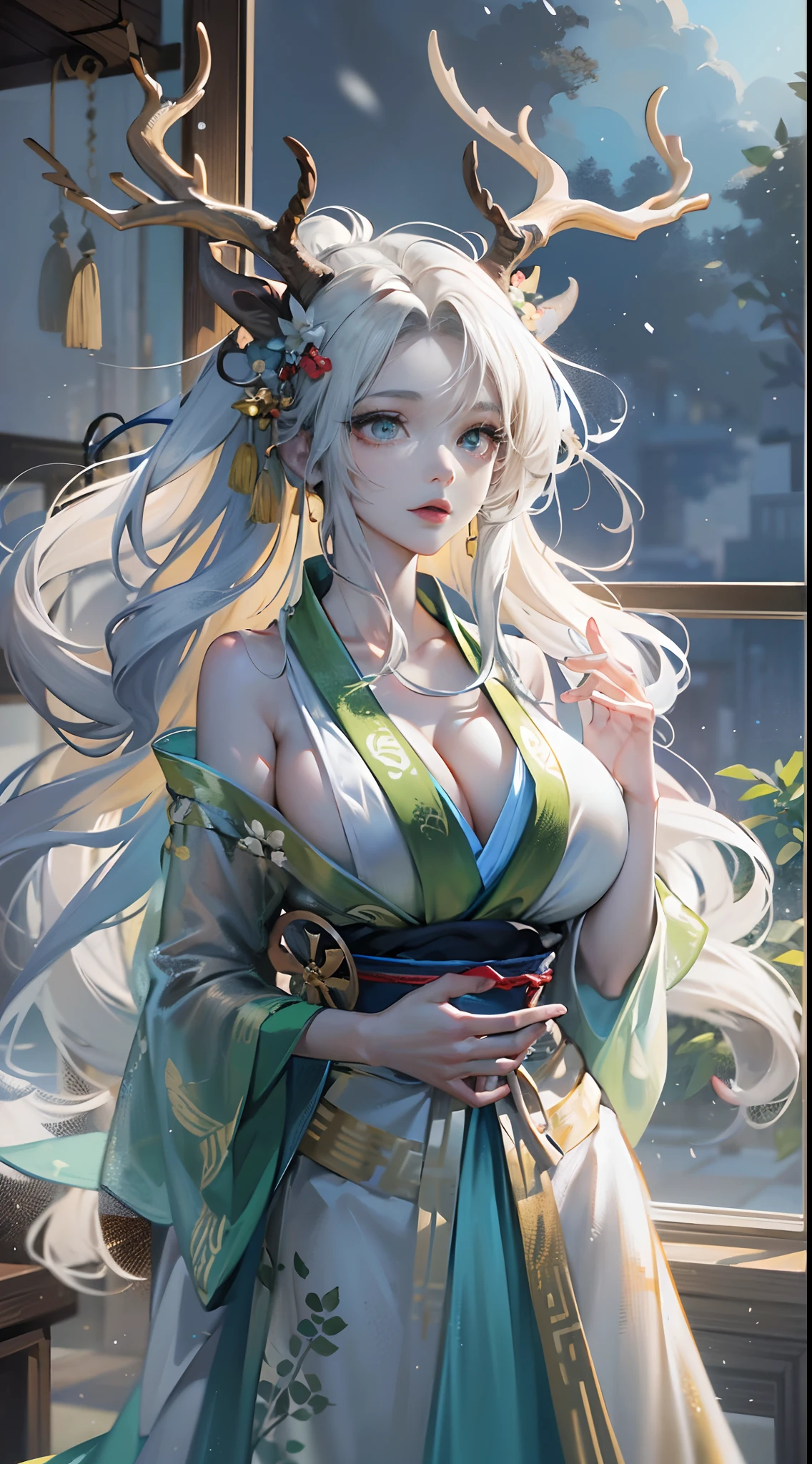 Little devil,Dragon's horn,deer antlers,Stick out your tongue,Realistic effect,Female pervert,White-haired girl,Messy hair,Ancient wind,cyan colors,cyan colors,Cyan Hanfu(Delicate and mysterious antique patterns),high-heels,The expression after the climax,winning artwork,Silhouette effect,Epic composition,Stand in front of a window with falling snow(Ancient wind),(Antique background)Need,8K,The human body light and shadow effect is three-dimensional,Delicate face,(in the darkness nigth:1.6),Fantasyart,photographrealistic,动态照明,art stations,poster for,Volumetriclighting,Very detailed faces,4 k'',Award-Awarded, low tune, Cowboy shot, (Hanfu:1.4), long whitr hair,(Super huge))),(((Super huge breasts))),(cleavage),(Lift your clothes),((Cover your breasts)),((Bare-chest)),((tit)),(((areola of breast))),(nabel),(No shoulder strap),cropped shoulders,Bandeau,revealing her belly