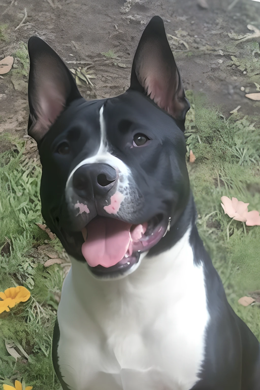 There is a black and white dog sitting on the grass, pitbull, pits, Brutus, pimenta, Ciborgue - Pitbull, olhar orgulhoso, is a stunning, um bonito, muito bonito, Rocco, extremamente bonito, absolutamente lindo, adoptable, smug look, maximus jacobs, um alambique de um feliz, smug smirk, sorrindo timidamente, happy dog, espiga, Directed by: Samuel Scott