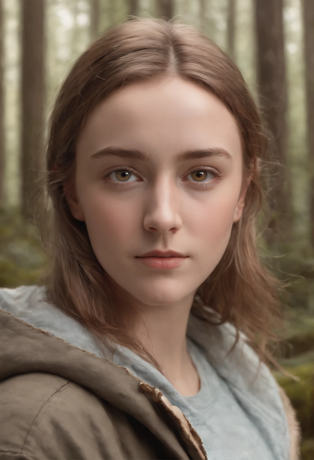 Hyper-realistic digital painting inspired by actress Saoirse Ronan, depicting a young woman with light brown eyes and light brown hair, wearing a hooded jacket, immersed in the beauty of a forest. The work is to be executed in the style of Simon Stålenhag and Casey Weldon, with an impressive level of detail, using the oil on panel technique. This realistic self-portrait of the beautiful girl captures the essence of hyper-realism and realistic illustrative painting. Be meticulous when portraying the details of the teenager's face, achieving a photorealistic result that highlights her beauty and envelops her in the magical atmosphere of the forest