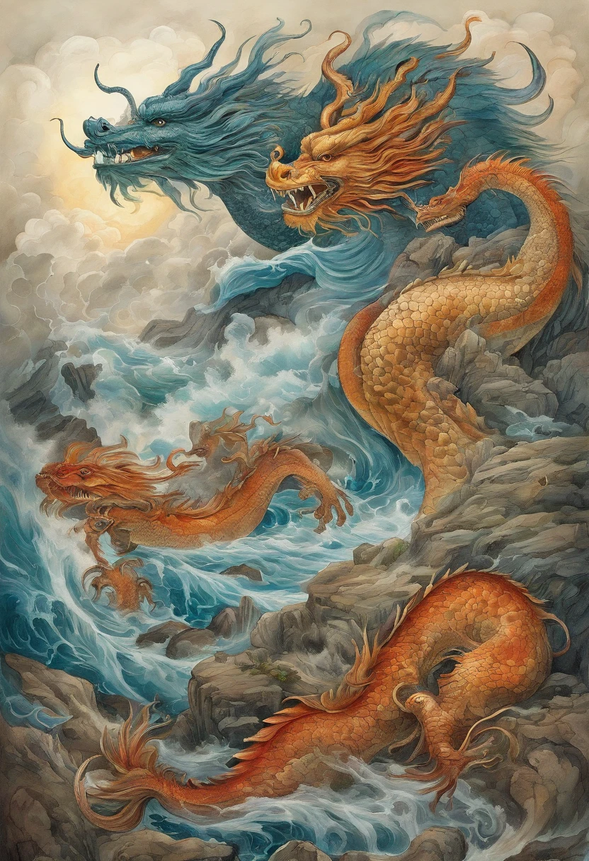 Vickers style, The graphics in the poster design are ocean colors, Chinese dragon in ink painting, and a combination of dragons, As a water god, Live in the South China Sea, Control thunderstorms at sea, an ancient Chinese god, turtle, drak, Mare, stony, Super sharp,Realistic details, Clear texture auspicious clouds, depth of fields, God Ray, fantasy coloring, romanticism lain, art-deco, Cinematic lighting, Depth of field, Sparkle, god light, Ray tracing, Ultra-wide angle, first person perspective, Wide shot, hyper HD, High quality, High details, Textured skin, Best quality