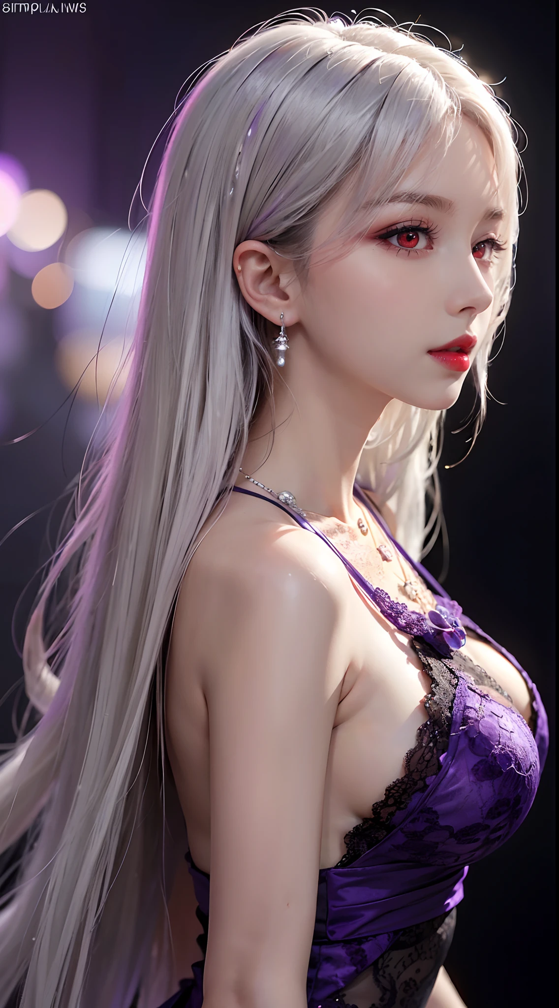A beautiful and sexy 20 year old girl, wearing a super thin red dress, a diamond dress, ((long platinum hair:1.6)), bangs, elaborate jewelry made from gemstones and beautiful hair, ((wearing a purple lace necklace:1.6)), the girl's noble, noble style is extremely beautiful, her small face is super cute, her face is very pretty, her eyebrows are thin, flawless beautiful face, ((black eye pupils: 0.8)), very beautiful eyes, ((light red eyes: 1.5)), beautiful makeup and detailed eyelashes, wet eye makeup Ass, high nose, earrings, red lips, ((closed mouth: 1;5 )) beautiful lips, slim hands, most beautiful thighs, ((arms spread to the sides: 1.5)), rosy face, clean face will, flawless beautiful face, smooth white skin, ((big breasts: 1.5)), ((high breasts: 1.6)), Plump breasts, nice cleavage, ((big and super round breasts: 1.8)), ((super tight breasts: 1.5)) , beautiful breasts, back arms, beautiful girl's upper body, 8k photo, super high quality, super realistic, 10x super pixel, optical, dark studio, light border, two-tone lighting , (highly detailed skin:1.2), ultra 8k, soft light, high quality, volumetric lighting, realistic, Photo, high resolution, lighting, best photo, 4k, 8k quality , blur effect, Smooth sharp, 10 x pixels, (galaxy: 1.7), aurora, lightning, surreal graphics, most realistic graphics, alone, solo, Extremely sharp images, surreal, (((front portrait:1.3)))."