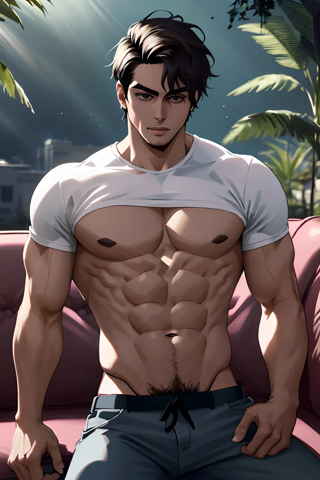 La mejor calidad, Obra maestra, inexpresivo, ultra-high-resolution, Antecedentes dealtoados, realista, 1hombre, solamente, masculino, muscular, 25-year-old male, pelo corto, Hairless face, sentado, dinero, sofa, Sombra y luz reales, Profundidad de campo, pecho, biceped, Pecs, Abdominales, alto, Demonio sexy, trompetas, Cuerpo sudoroso, muy sensual, Mini Disfraces
