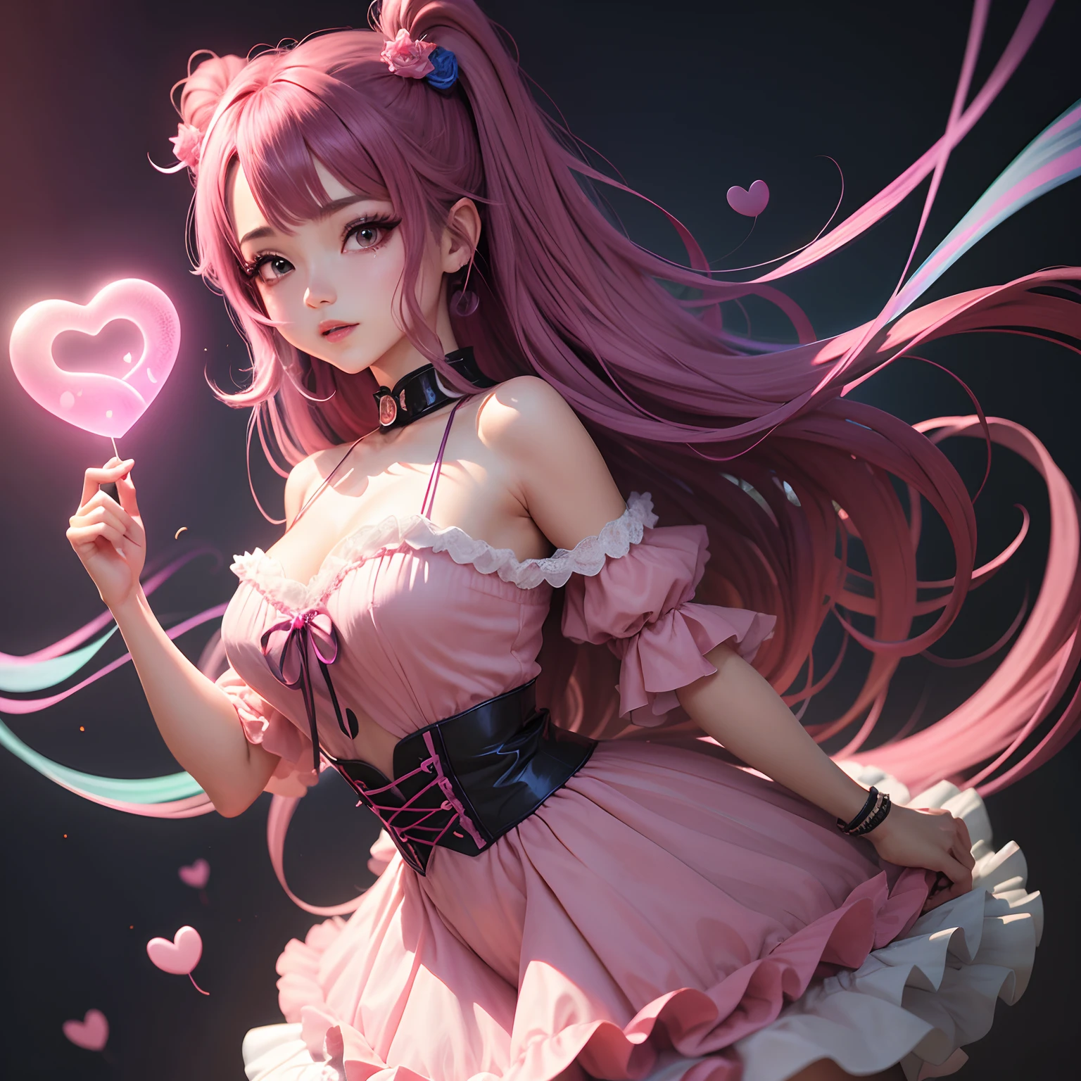Linda garota fofa , estilo kawai anime coreana , olhos grandes e fofos brilhantes rosa, fundo preto, luzes deslumbrante de seus cabelos ondulados rosa, neon rosa, holding a heart lollipop, fones de ouvidos neons, floating holographic colored bubbles, imagem fofa e alegre