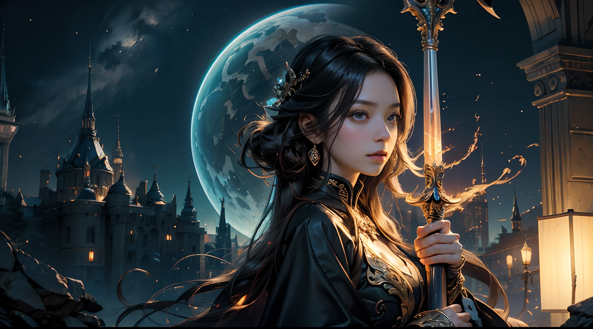 tmasterpiece,top-quality,best qualityer,offcial art,Beauty and aesthetics:1.2),(tmasterpiece:1.3), (8K, realisticlying, RAW photos, best qualtiy: 1.4), beauitful face, (photorealiscic face),超高分辨率, Ultra photo realsisim, highly detailed, the golden ratio, (with dynamism:1.3),(Saturation:1.3),illusory engine, (High detail: 1.9),(femele:1.4),(Large breasts),female mage,The background is the castle,dramatics,(magia:1.8),(Glowing scepter:1.5),Mysterious symbol