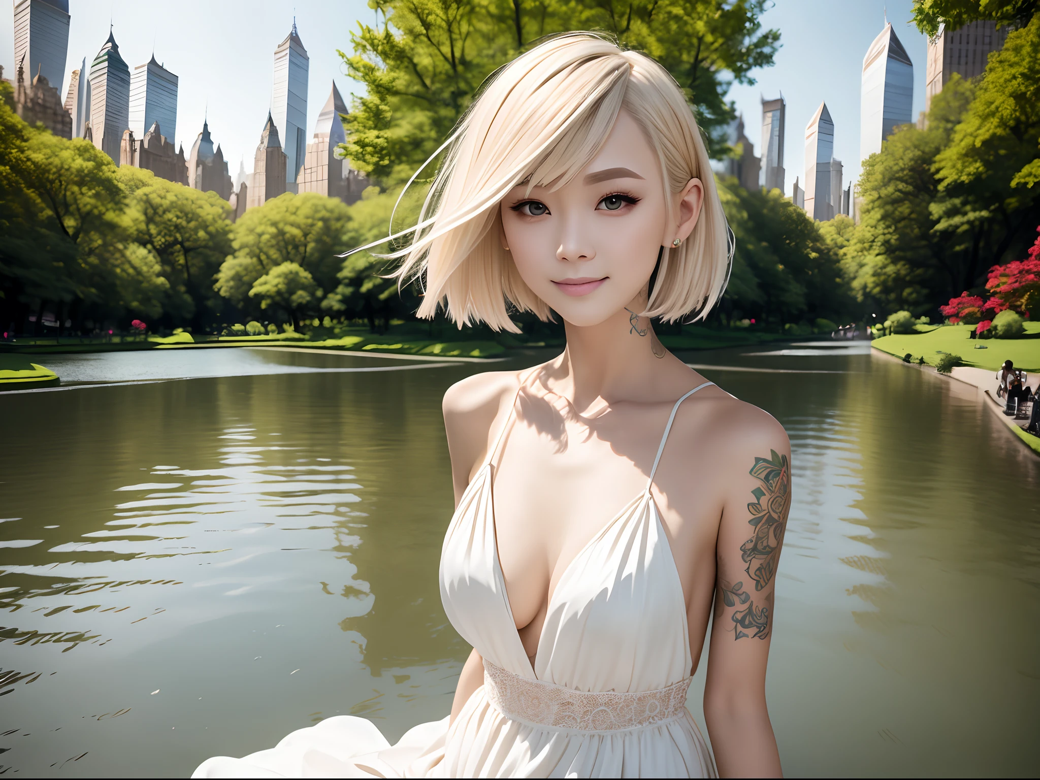 ((Masterpiece,Best quality)),1girll,Solo, (((Li Jinqian))), Short hair, Light yellow hair, Solo, Slip dress, Detail eyes, view the viewer,Bare arms, standing, White dress, whitegloves,hair adornments, Smile, Floating hair, Dutch angle, Closed mouth, looks away, (central park),Cloudy sky, Blue sky, warm color,