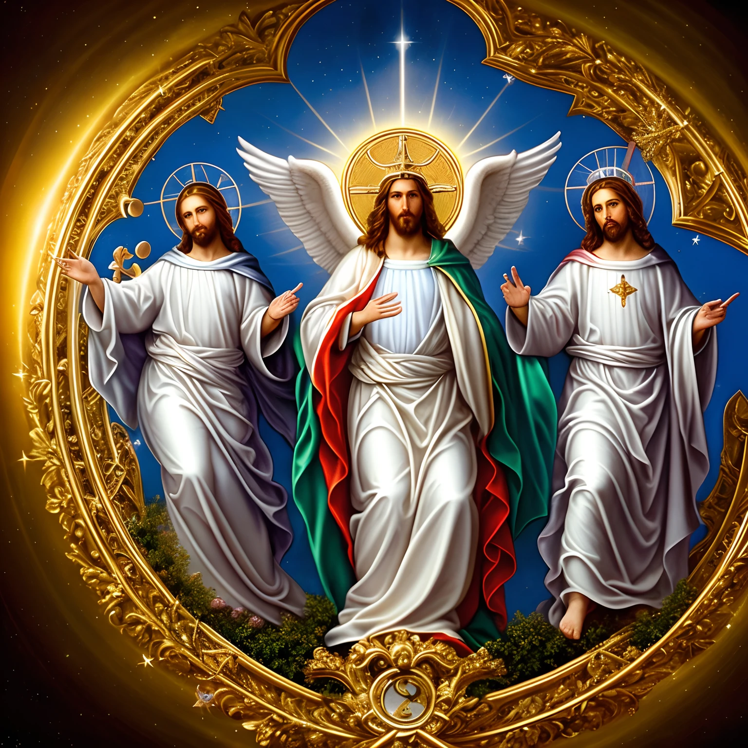 Infinite Divine Glory, Holy Trinity, um jesus Cristo, um Deus, a Holy Spirit in a dove, sagrado, onde, Tridentina, Catolicismo, oil painting, master part:1.2, ultra-detalhado, Realistic:1.37, HDR, vivid colors, Bokeh, retrato, pincelada fina, Luz Celestial, heaven, anjos, Santos, ultra detalhes,  somente um