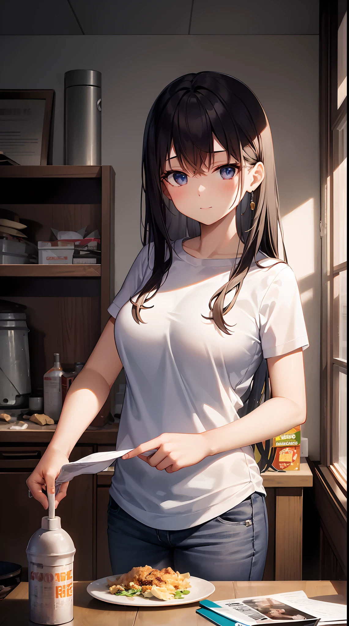 This illustration is、Pretty girl standing in a room filled with garbage、It depicts a moment when you are furious about the situation。She、Holding cleaning tools in hand、Its eyes are burning with anger。Among them、Old magazines、leftover food、Filled with unused household appliances。 however、The most notable is、She gives off「The high-energy body of the final mystery」is。This energy body is、Released from her body、Has the power to erase garbage in the room in an instant。ha、Emitting a pale light、That light is in the corner of the room々It has been delivered to。 This moment、Garbage burns out、The room becomes clean in an instant。 Eta、At its heart is、Anger subsides、A girl with a satisfied expression is standing。