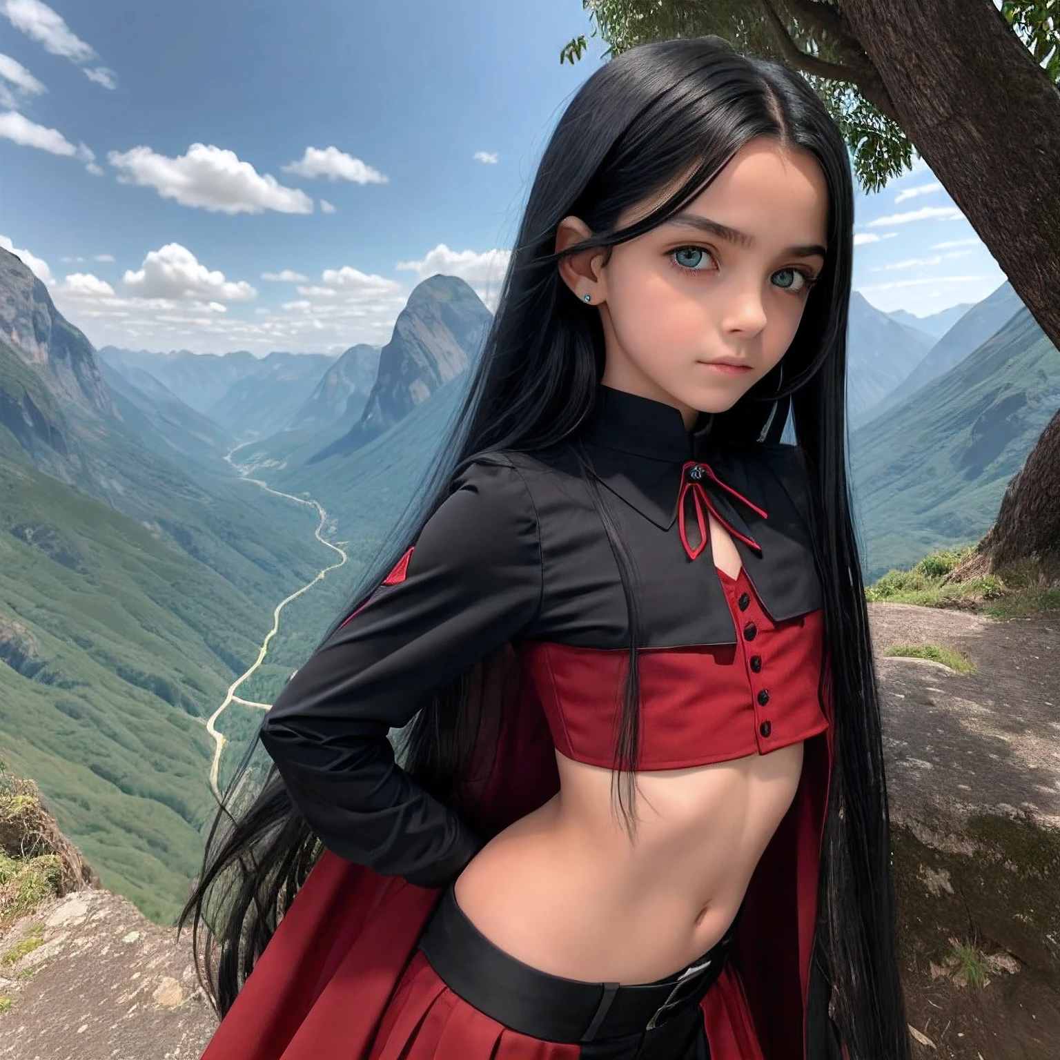 9--old pire child, eyes and long black hair down to the waist, uniforme preto e vermelho, master part, melhor qualidade, Saia Curta, loira de olhos verdes, ajoelhada, master part, qualidade divina, altamente detalhado, fantasy scenery, Altamente realista, position posing in front of photos. tiros sequenciais