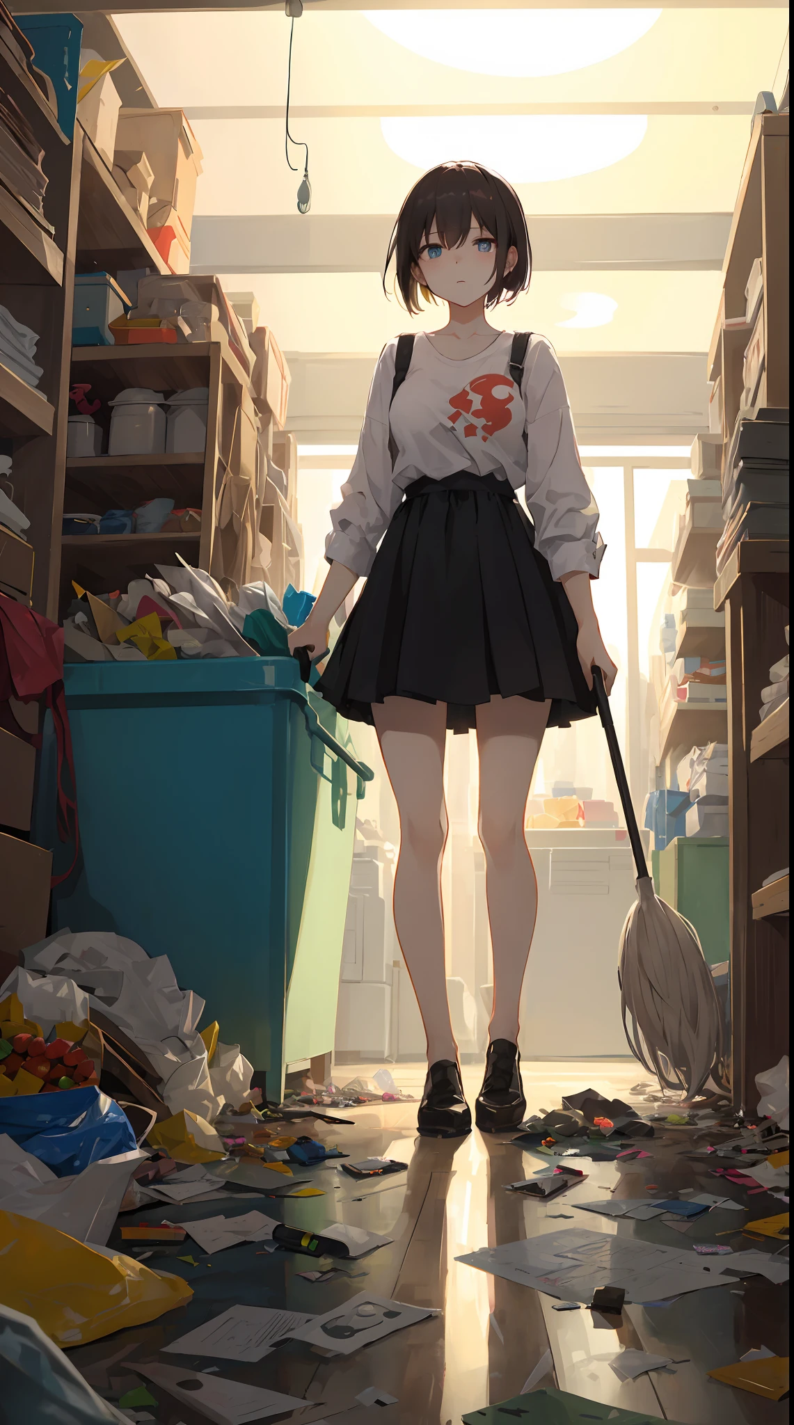 This illustration is、Pretty girl standing in a room filled with garbage、It depicts a moment when you are furious about the situation。She、Holding cleaning tools in hand、Its eyes are burning with anger。Among them、Old magazines、leftover food、Filled with unused household appliances。 however、The most notable is、She gives off「The high-energy body of the final mystery」is。This energy body is、Released from her body、Has the power to erase garbage in the room in an instant。ha、Emitting a pale light、That light is in the corner of the room々It has been delivered to。 This moment、Garbage burns out、The room becomes clean in an instant。 Eta、At its heart is、Anger subsides、A girl with a satisfied expression is standing。