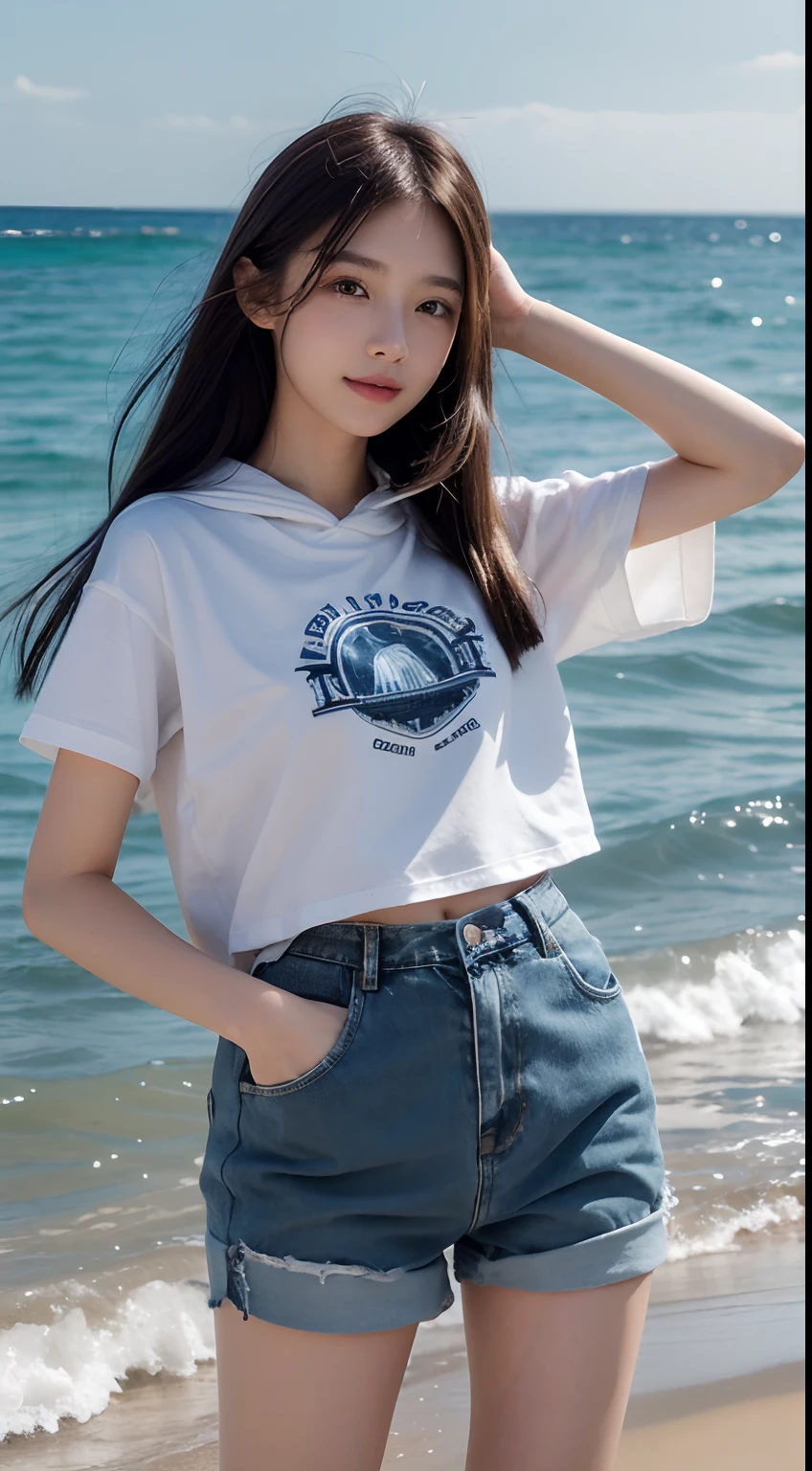 (A GIRL:1.6),(lora:russianDoll:0.4),(lora:TaiwanDoll:0.4), (best quality, 8k, masterpiece: 1.3), highly detailed face and skin texture, detailed eyes, double eyelids, whitened skin, long hair split edges, (round face: 1.4), ((blue sky: 1.5, white cloud: 1.5)), highway, (seaside: 1.5, sea: 1.5), coconut trees, jeans, denim, tight T-shirts, (form behino) shooting angle, (cowboy shot), (from below), (from bottom) looking up