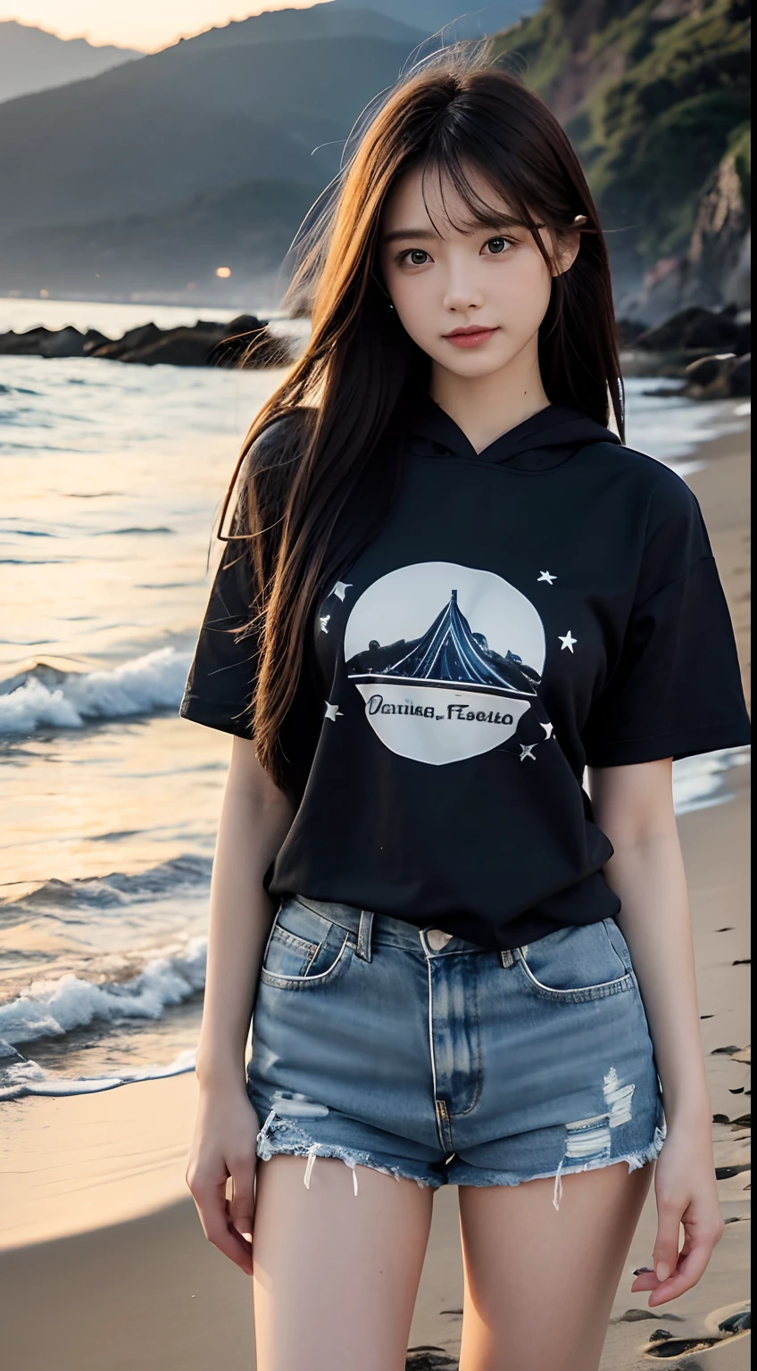 Works of masters，Higher quality，high detal，超高分辨率，8K分辨率，solo person，Girl，ssmile，long whitr hair，A brown-haired，Wave head，tee shirt，hoody，denim short，Martin boots，Facing the viewer，eventide，As estrelas，sea beach，Cinematic lighting，volumettic light
