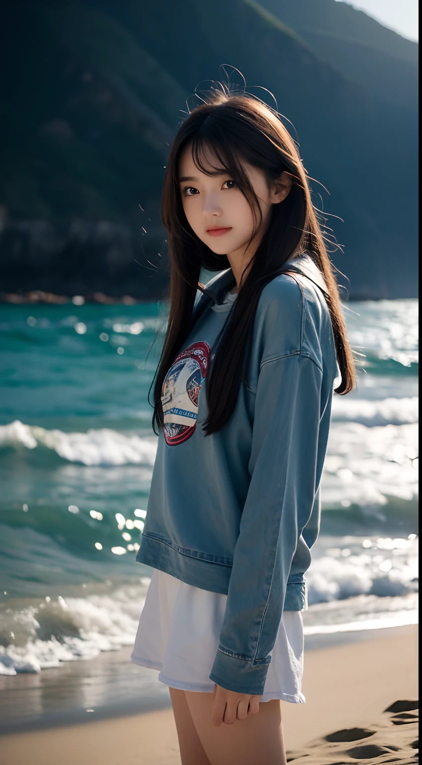 Works of masters，Higher quality，high detal，超高分辨率，8K分辨率，solo person，Girl，ssmile，long whitr hair，A brown-haired，Wave head，tee shirt，hoody，denim short，Martin boots，Facing the viewer，eventide，As estrelas，sea beach，Cinematic lighting，volumettic light