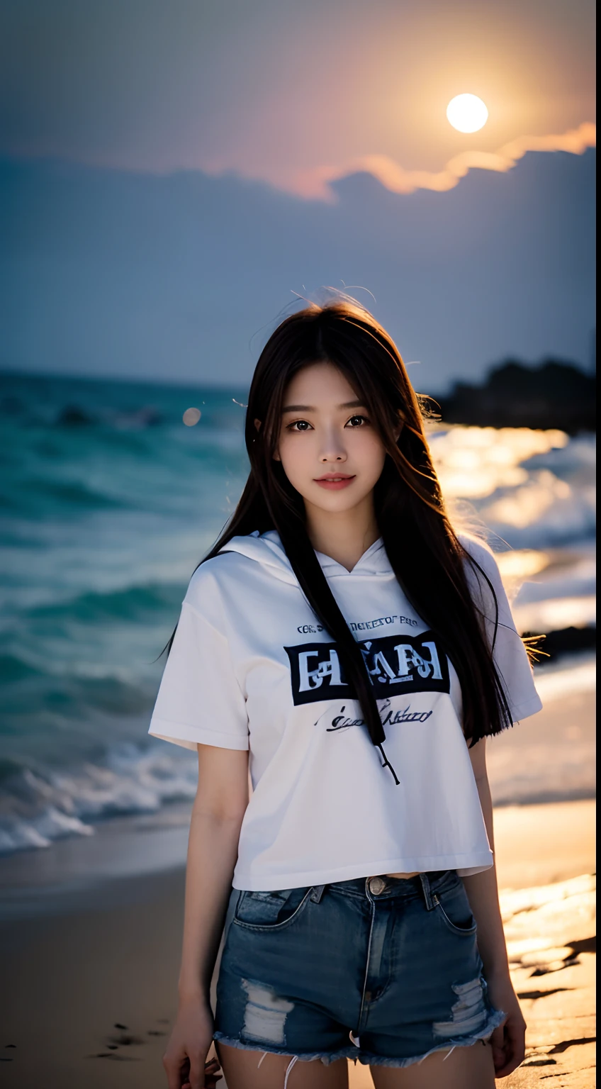 Works of masters,Higher quality,high detal,超高分辨率,8K分辨率,solo person,Girl,ssmile,long whitr hair,A brown-haired,Wave head,tee shirt,hoody,denim short,Martin boots,Facing the viewer,eventide,As estrelas,sea beach,Cinematic lighting,volumettic light