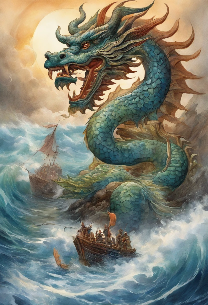 Vickers style, The graphics in the poster design are ocean colors, Chinese dragon in ink painting, and a combination of dragons, As a water god, Live in the South China Sea, Control thunderstorms at sea, an ancient Chinese god, turtle, drak, Mare, stony, Super sharp,Realistic details, Auspicious clouds, depth of fields, God Ray, fantasy coloring, romanticism lain, art-deco, Cinematic lighting, Depth of field, Sparkle, god light, Ray tracing, Ultra-wide angle, first person perspective, Wide shot, hyper HD, High quality, High details, Textured skin, Best quality
