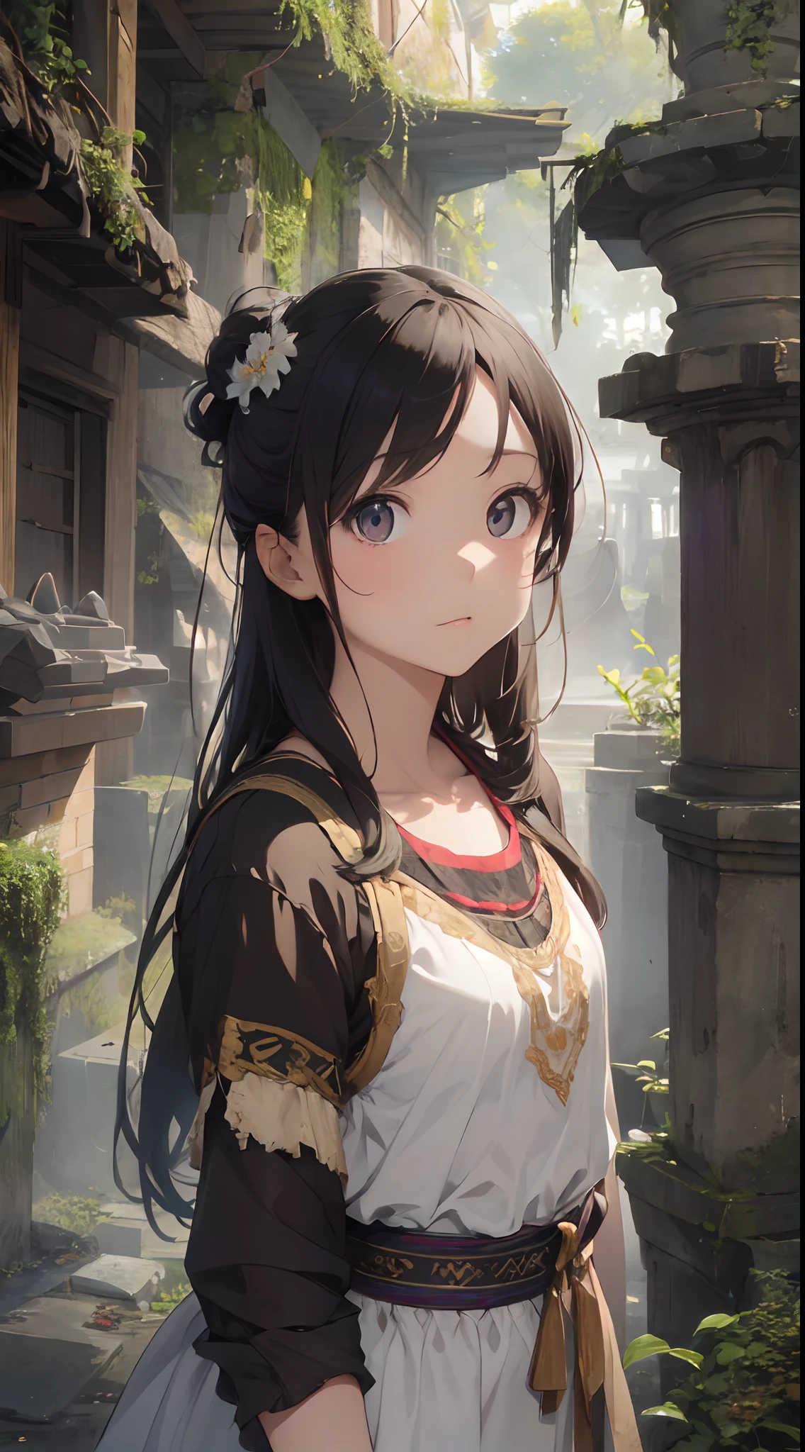 Explore Thailand's traditional ruins、beautifly、Adorable、Create a masterpiece image of a girl with clear eyes。She wears traditional Thai costume and、The fabric is painted with maximum realism.、Different textures are emphasized。Her skin is also rendered。Subtle changes in texture and color are expressed in detail.。 The ruins around her are、cranny々It is meticulously drawn up to、It is drawn with high depth and precision。Intricately carved ancient structures、Mossy stones、All weathered statues、Contributes to the history and sense of mystery of this place。 The girl was looking up at the camera curiously.、Gives the impression that the viewer is looking down on her。This sense of perspective is、It can be achieved using the fisheye effect to distort the image to create a wide panoramic or hemispherical view。 The overall quality of the image must be of the highest standard、Emphasis on enhancing the quality of details。The final artwork is、It should be a celebration of the girl's innocence and the timeless beauty of Thai ruins。