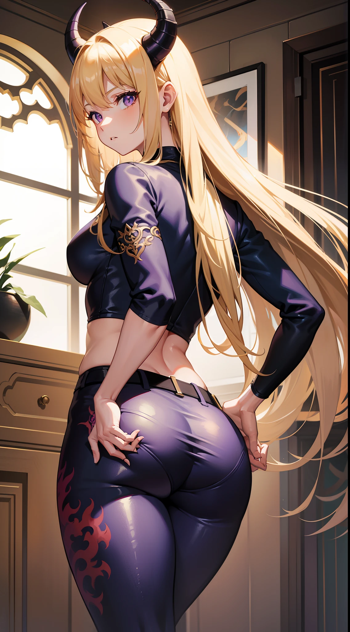 sensual, ((long blonde curly hair)), thick thighs, 8k, 4k, highest quality, High resolution:1.2), cute anime face, noise reduction, ((shining blue eyes, gentle smile, kind eyes))、toned abdominal muscles, muscular arms, muscular legs,  young face, anime eyes, (((big breasts、A chest that is about to burst)))、(((bondage style)))、(((Rear view、I&#39;ll turn around、emphasize the buttocks、T-back that digs into your butt)))、(((white string)))